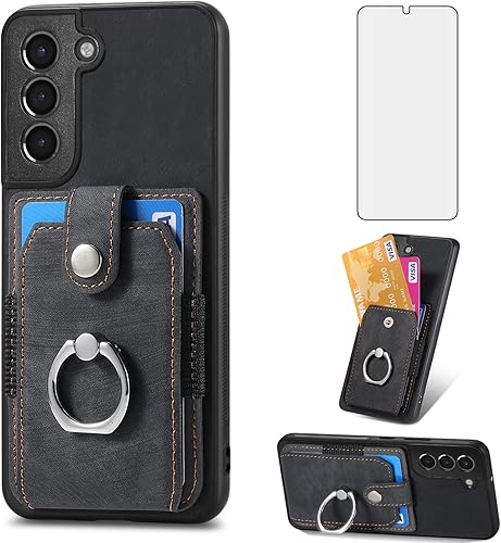 Asuwish Funda de teléfono para Samsung Galaxy S21 Plus S21+ 5G Funda tipo cartera con protector de pantalla de vidrio templado y soporte de anillo