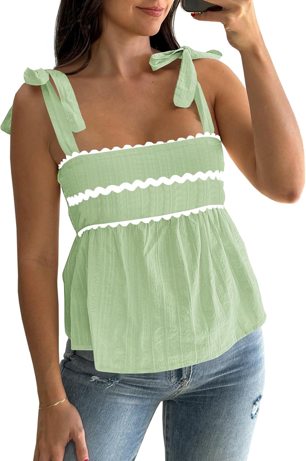 Tankaneo Womens Cute Tank Tops Summer Casual Peplum Babydoll Square Neck Tie Strap Backless Shirts