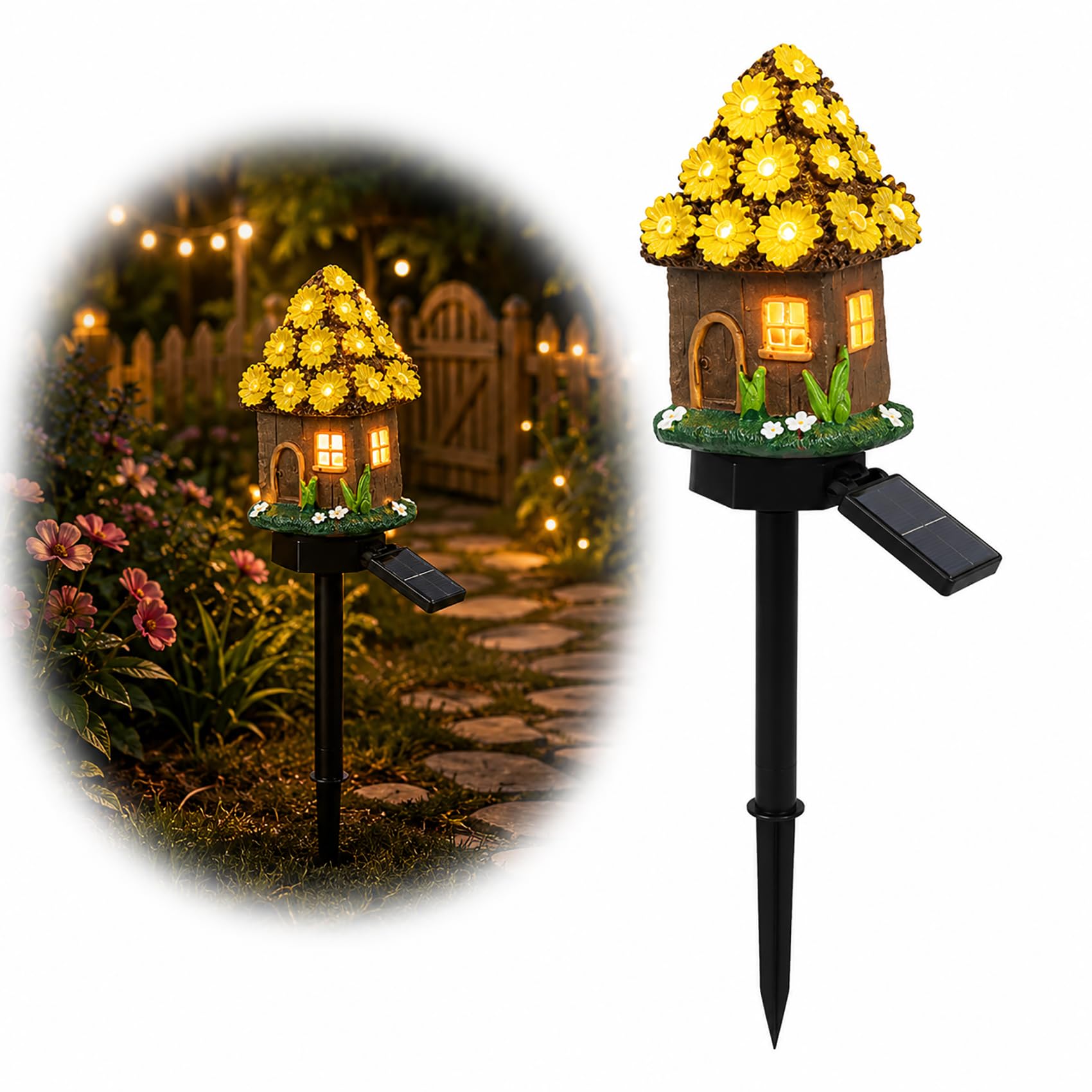 Cemssitu Solar Mushroom Cottage Garden Light, Waterproof LED Solar Garden Light with Stake, Resin Fairy Garden Stake Lights with Auto On/Off for Pathway Yard Patio Lawn Walkway (Yellow)