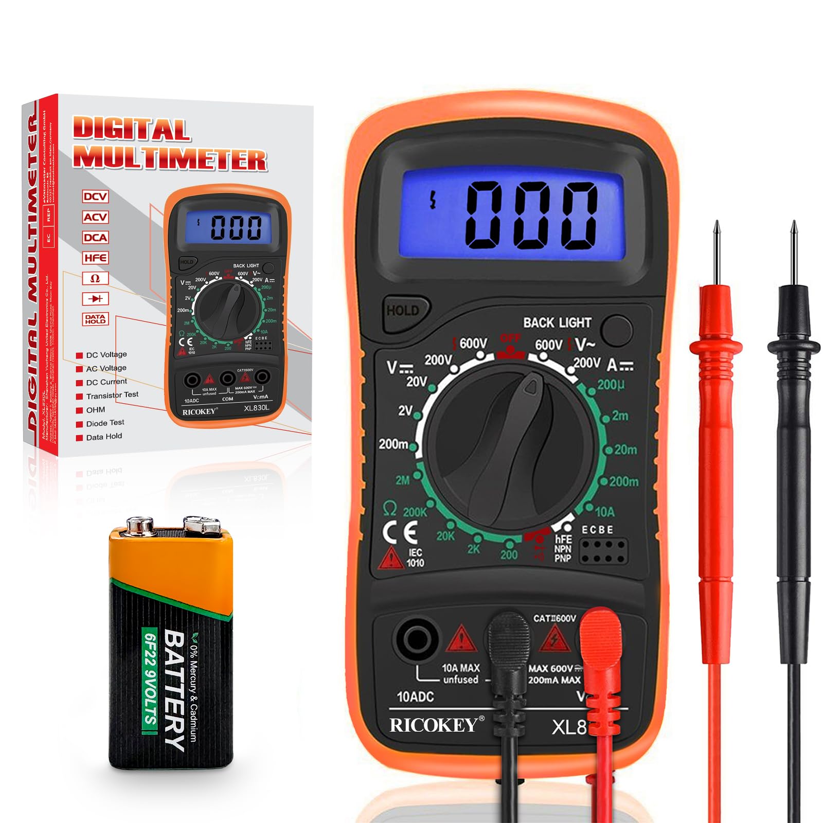 Digital Multimeter Voltmeter Batterietester Spannungsprüfer Durchgangsprüfer Ohm Volt Ampere Messgerät AC/DC Spannung Strom Widerstand Diode Transistor, Großes LCD Anzeige und Hintergrundlicht