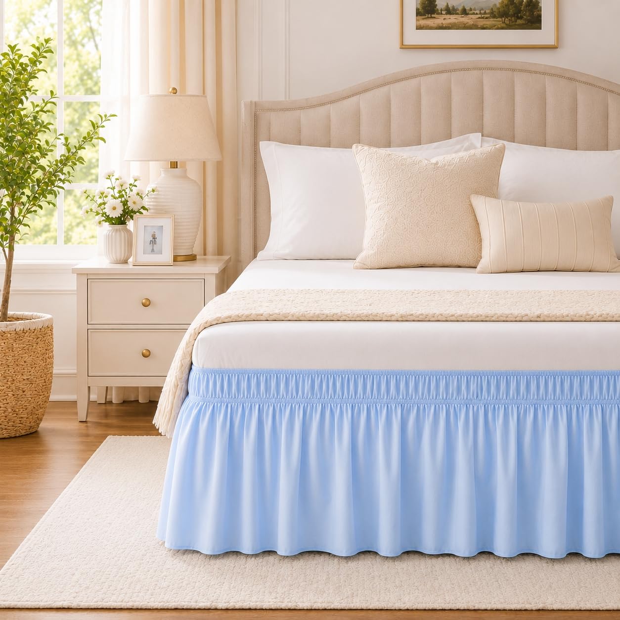 Light Blue Bed Skirt Queen Size 15" Drop, Elastic Wrap Around Bedskirt