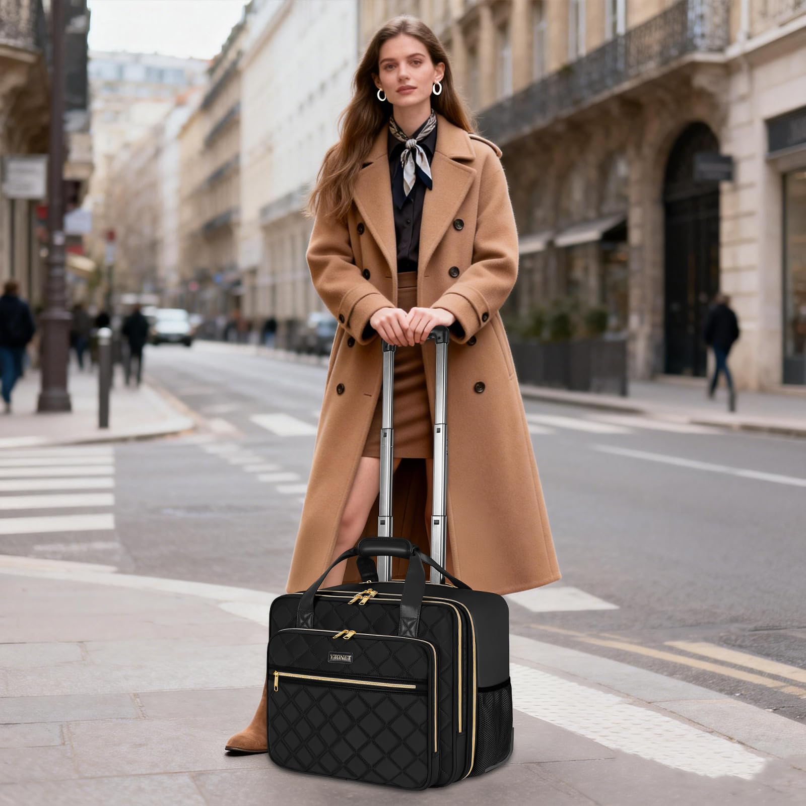 Ytonet Sac a roulettes de Ordinateur Portable Femme, Malette à roulettes pour Femmes 17.3 Pouces, Sac à roulettes pour Enseignantes 10 Poches de Rangement, comme Cadeau pour Mère, Enseignante, Noir