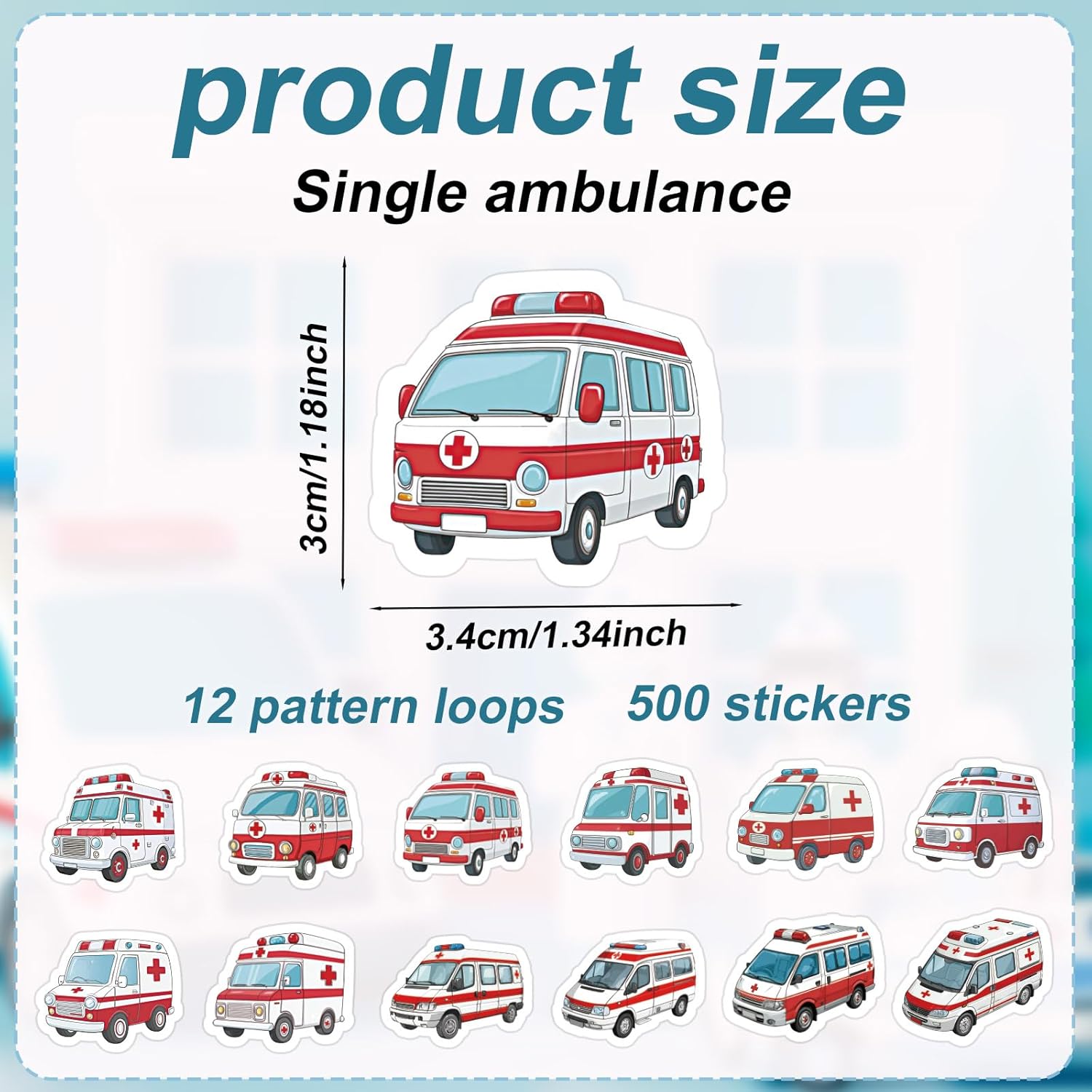500pcs Ambulance Car Stickers, 12 Fun Styles Rescue Vehicle Stickers Roll Self-Adhesive Ambulance Decals for Kids DIY Crafts Party Favors Scrapbooks Water Bottle Luggage Phone Decorations