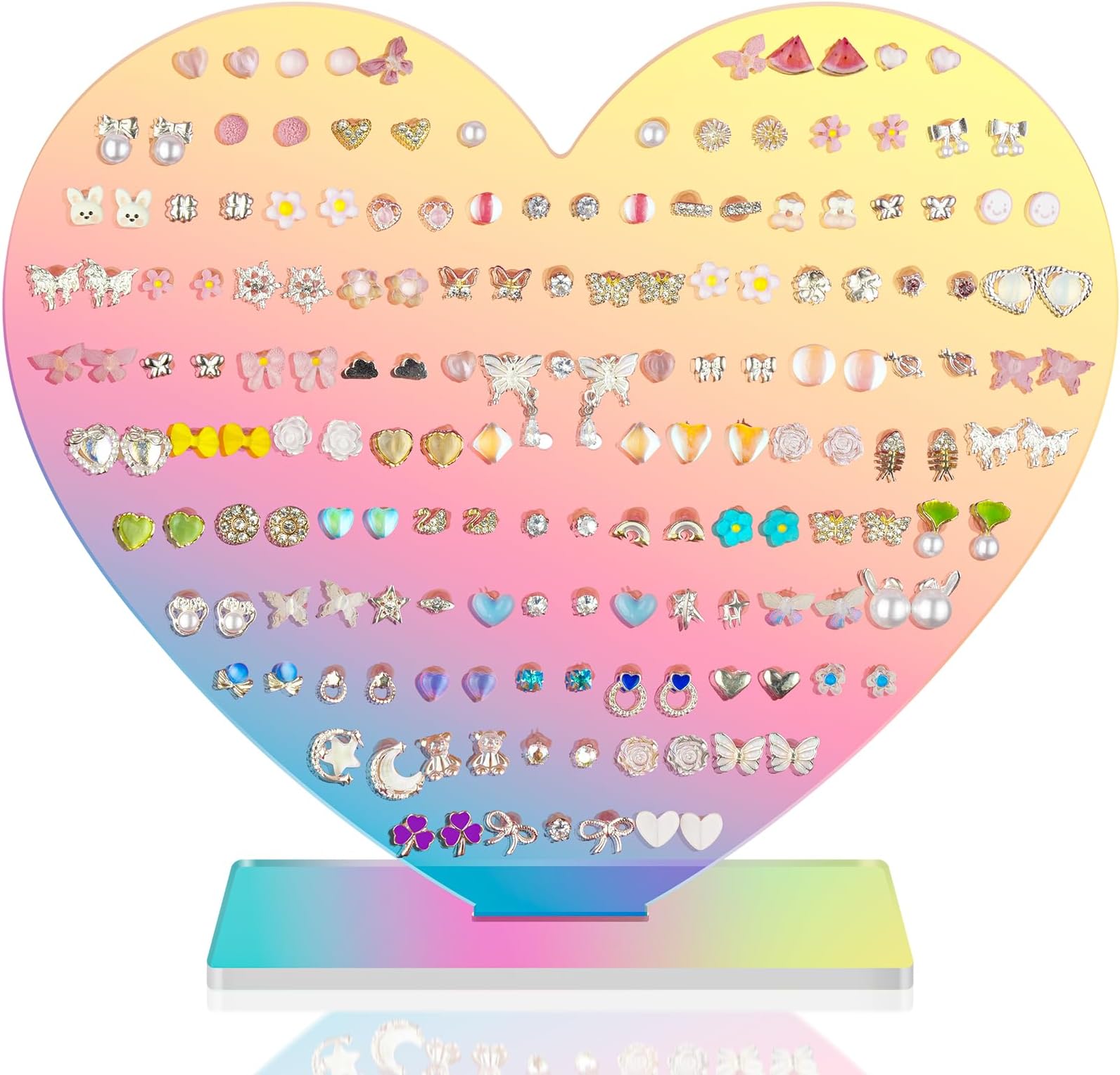 NiHome Heart-Shaped Acrylic Earring Holder Stand for Studs & Dangles, Romantic Jewelry Organizer for All Ages, Vanity Dresser or Boutique Decorative Display Holds 85 Pairs with 171 Holes (Iridescent)