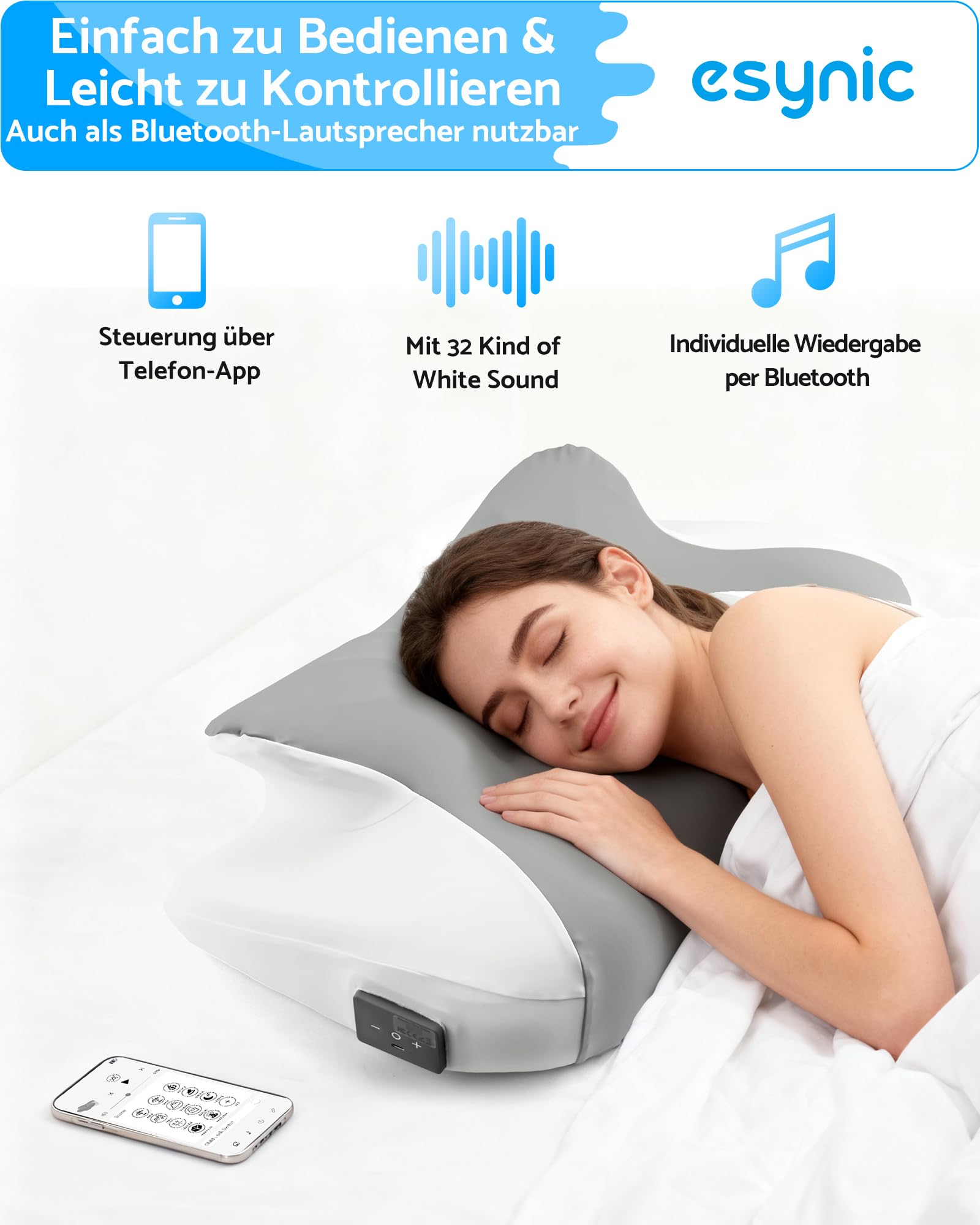 eSynic Memory Foam Kissen Antischnarchkissen App-gesteuert Abnehmbarer waschbarer Bezug Weiß
