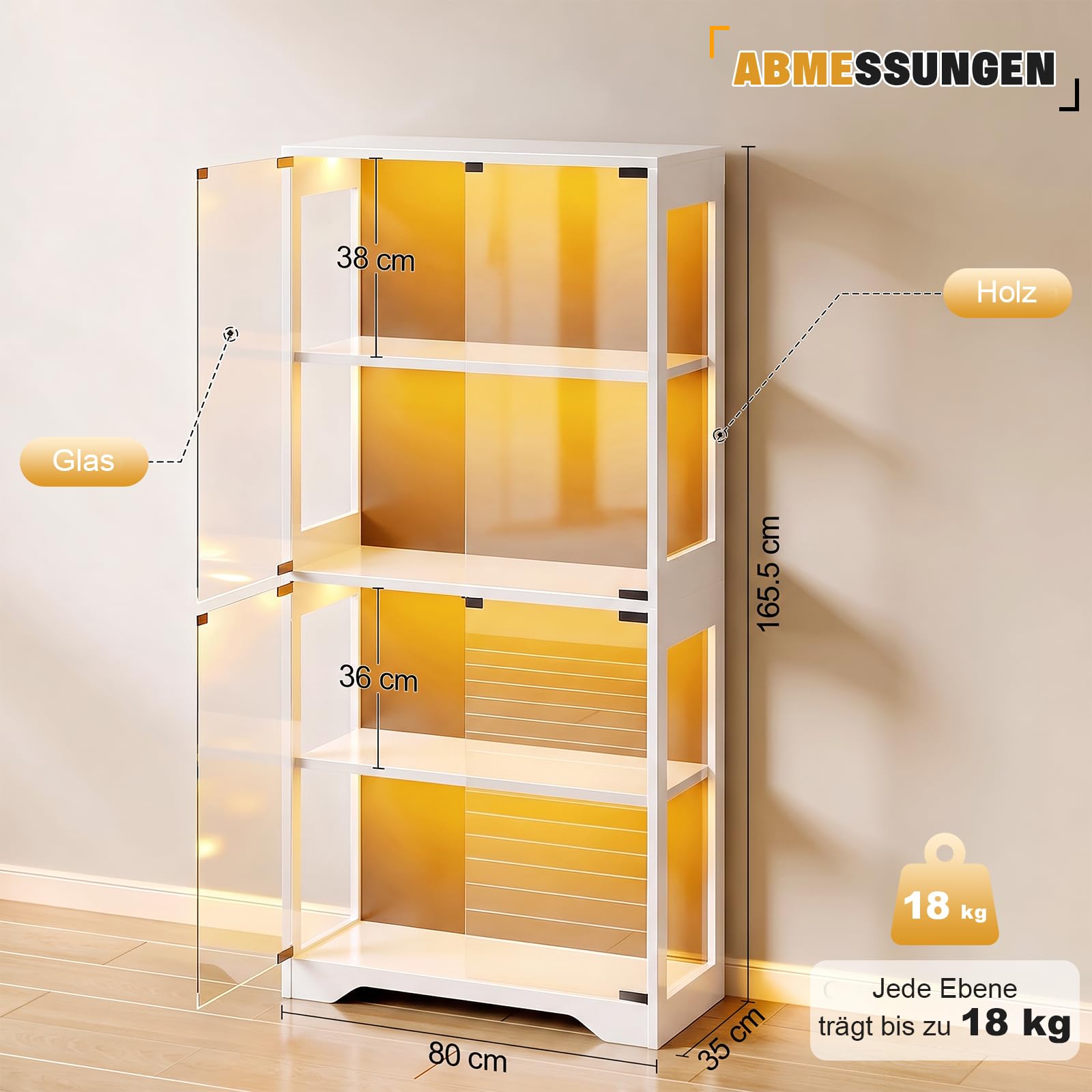 JUMMICO Glasvitrine mit RGB Beleuchtung LED, 80 x 35 x 165,5(H) cm (Weiß)