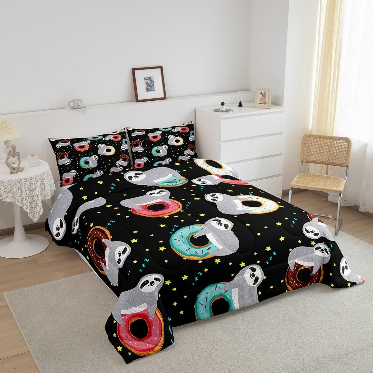 Cartoon Sloth Bedding Set for Kids Boys Girls,Sprinkles Donut Printed Comforter Set with Glitter Stars,Sweet Dessert Food Duvet Insert All Season Soft,Funny Sloth Microfiber Down Comforter Twin 2pcs