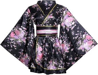 HUAHUA Womens Sexy Short Kimono Dress Floral Print Japanese Traditional Geisha Robe Bathrobe Skirt Belt Outfit