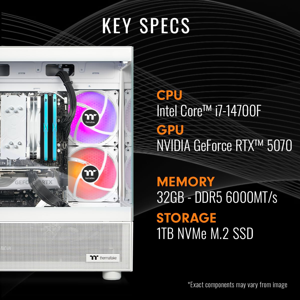 Thermaltake LCGS Quartz i460 R4 Gaming Desktop (Intel Core™ i5-13400F, 3600Mhz 16GB RGB Memory, NVIDIA GeForce® RTX 4060, 1TB NVMe M.2) S2QT-B66R-460-LCS: 14700F | 5070