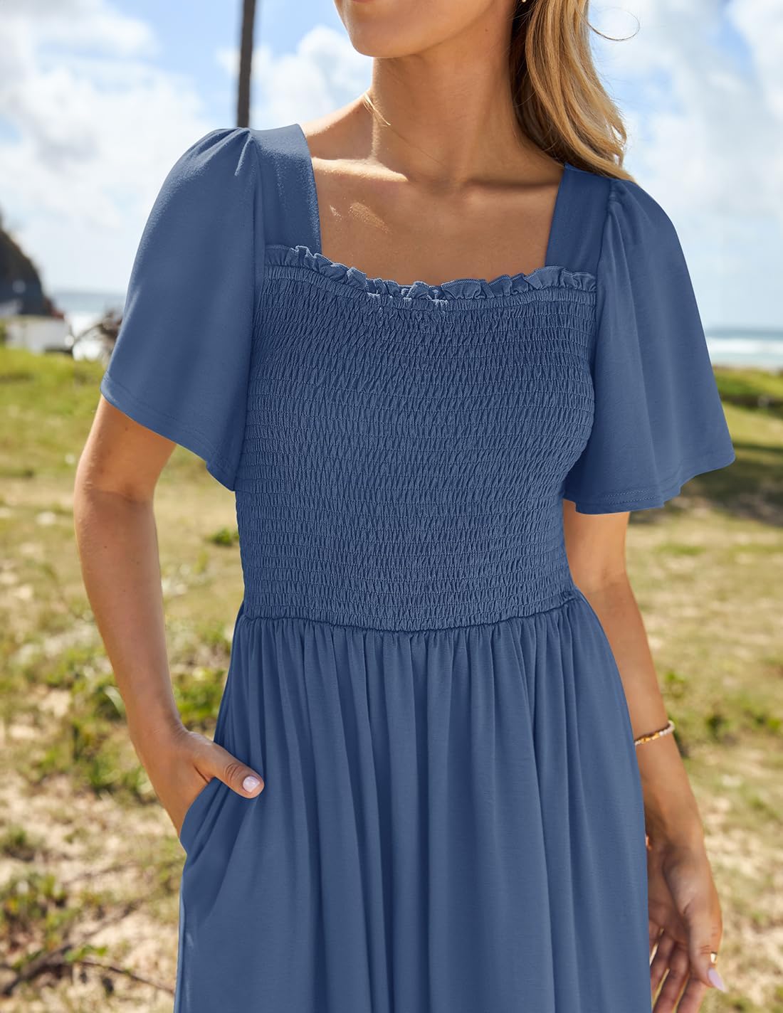 ZESICA Women's 2026 Summer Casual Mini Dress Flutter Short Sleeve Square Neck Smocked Tiered Ruffle Flowy Dresses - Image 3