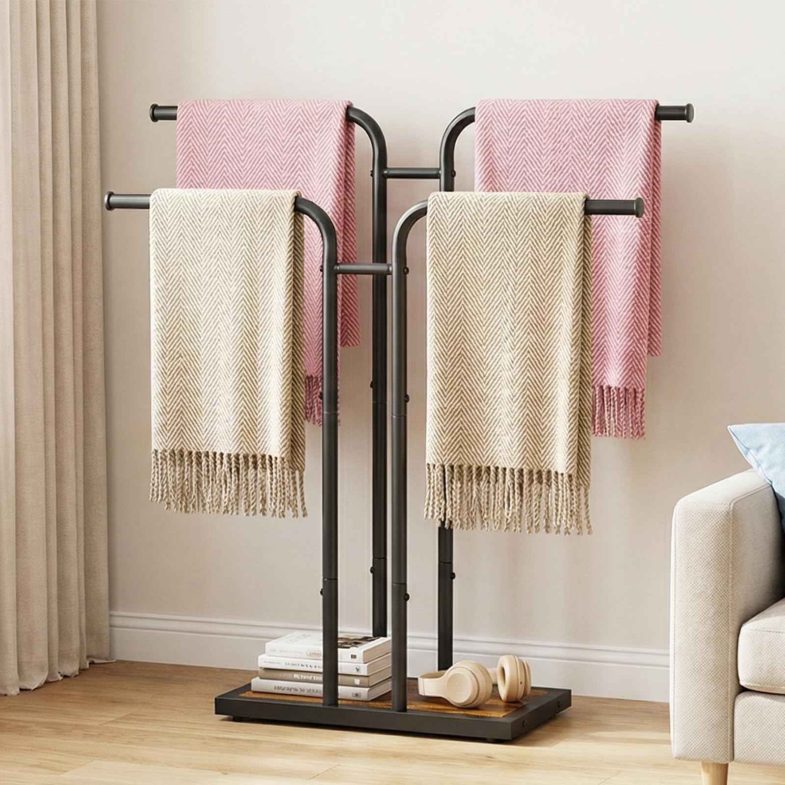 HOOBRO Porte-Serviettes sur Pied en T, Support de Serviettes Vertical avec 2 Barres de Suspension, pour Salle de Bain, Buanderie, Chambre, Marron Rustique et Noir EBF14LB01