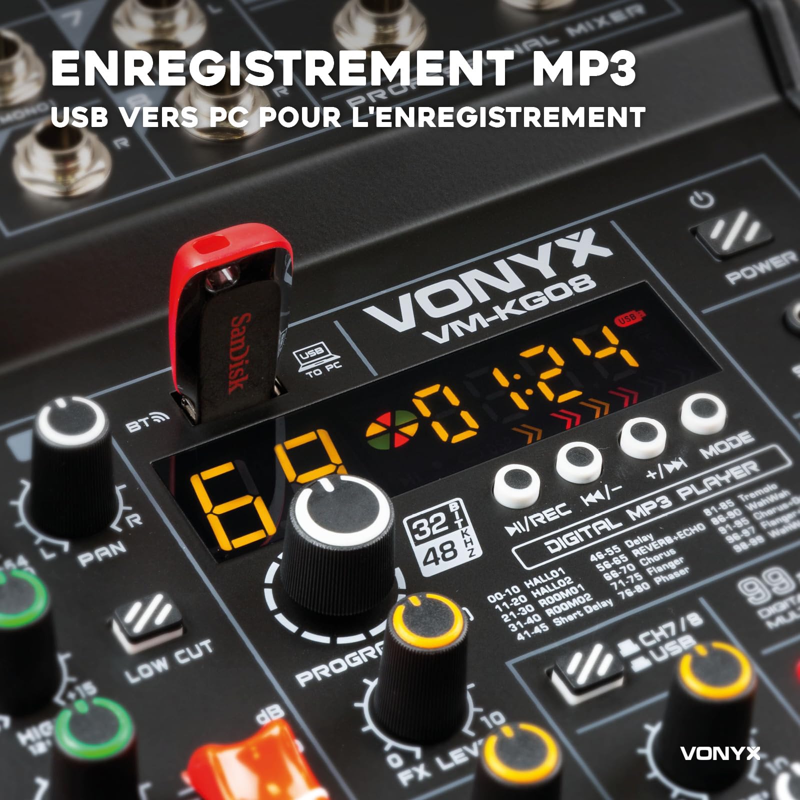 Vonyx VM-KG08 Console de Mixage 8 Canaux - Avec Bluetooth, Lecteur MP3, Interface Audio USB, Processeur de Son, Alimentation Fantôme, Écran LED, Idéal pour les Bars, Petite Salles de Concerts