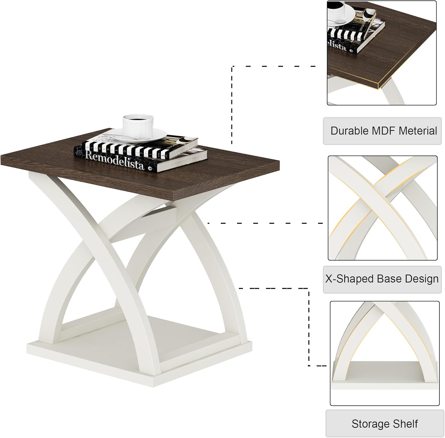 White and Brown MDF X-Design Modern End Table with Storage Shelf