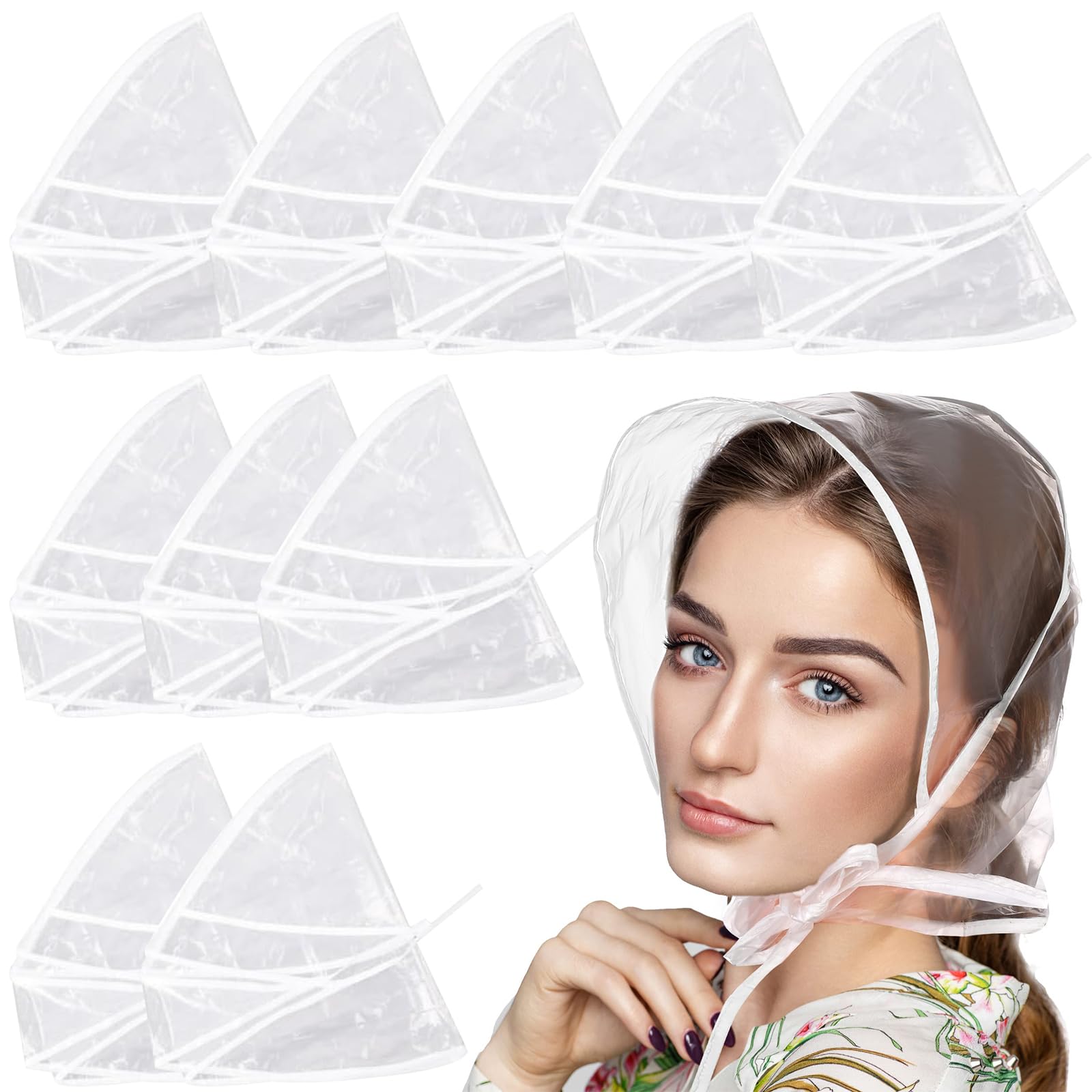 Doodlewitz Unisex White 10Pcs Rain Bonnet With Visor - Clear Rain Hats Waterproof Rain Plastic Scarf Rain Bonnet Protect Hairstyle For Men Women Lady Rain Wear Rain Cover Rain Cap For Head