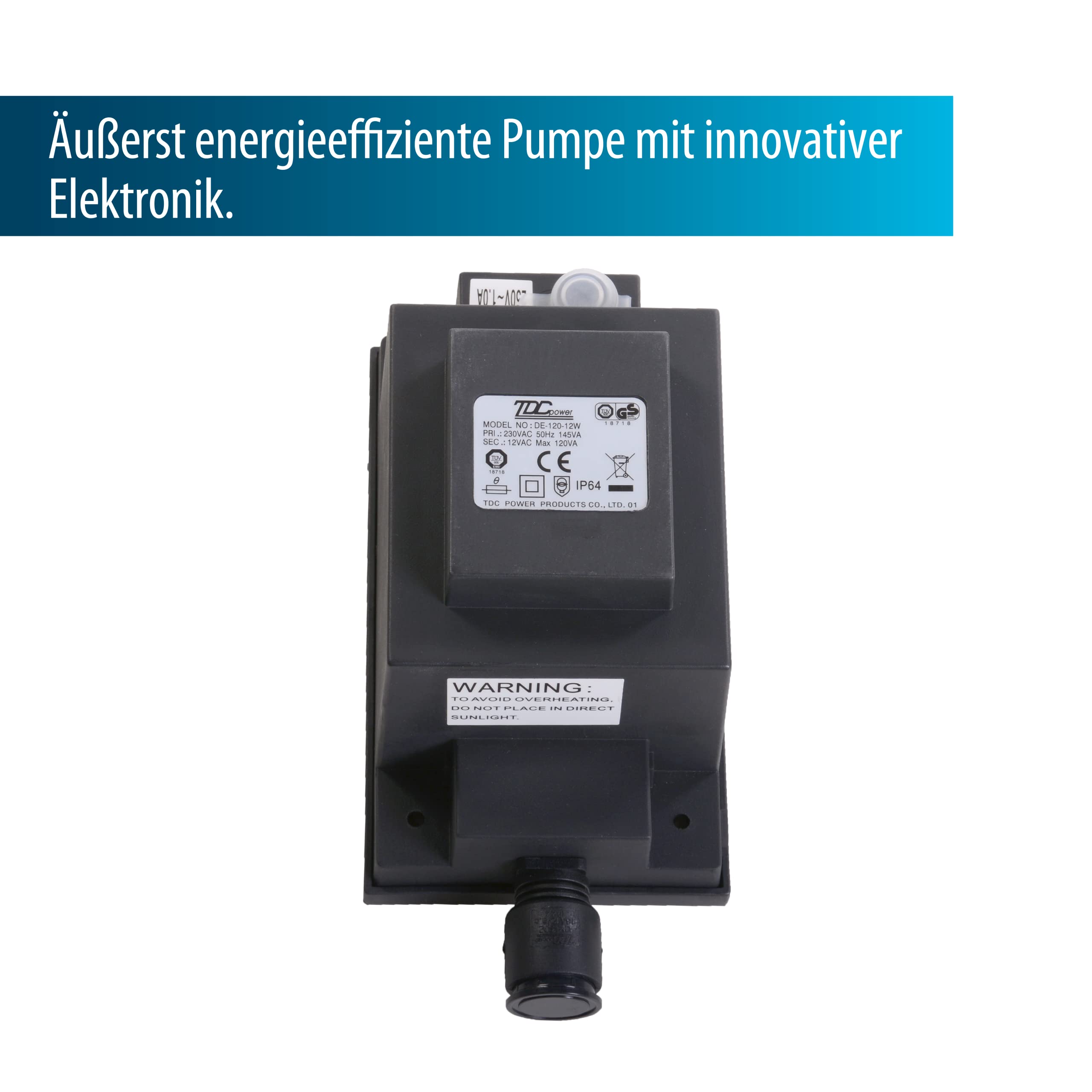 AquaForte O-Plus 6.500 Pompe de filtration basse tension (12 Volt), 50 Watt, Débit maximal 6,5 m3 par heure, hauteur maximale de refoulement 4 mètres, Idéale pour les étangs de baignade