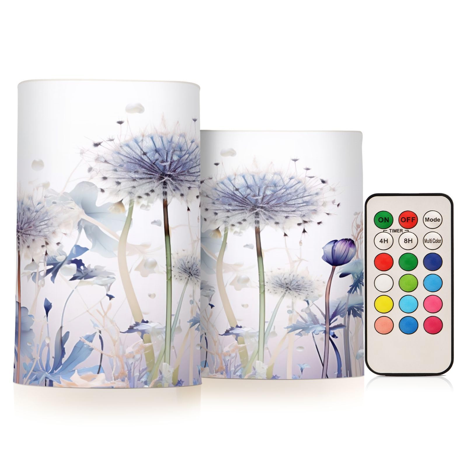 Kigai Dandelion Flowers Flameless Candles with Remote Control and Timer,Battery Operated LED Pillar Candles Adjustable Brightness for Ourdoor Indoor Use,Home Decor,2 Pack