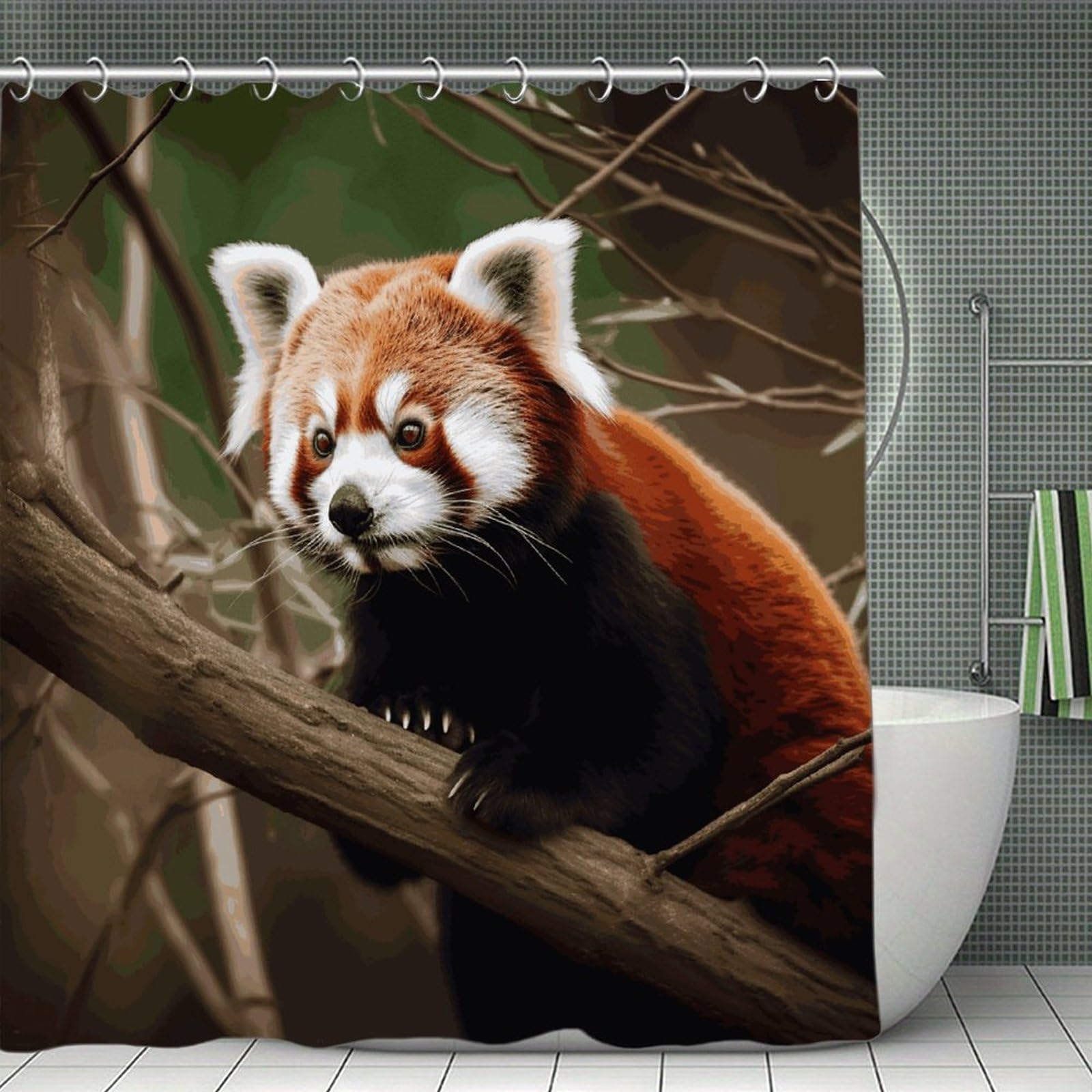 FekiLoot Red Panda on Tree Branch Shower Curtain Minimalist Thick Bathroom Curtain Washable Modern Bathroom Shower Curtain Heavy Duty Waterproof Cloth Bath Curtain with Hooks 70.8"x70.8"