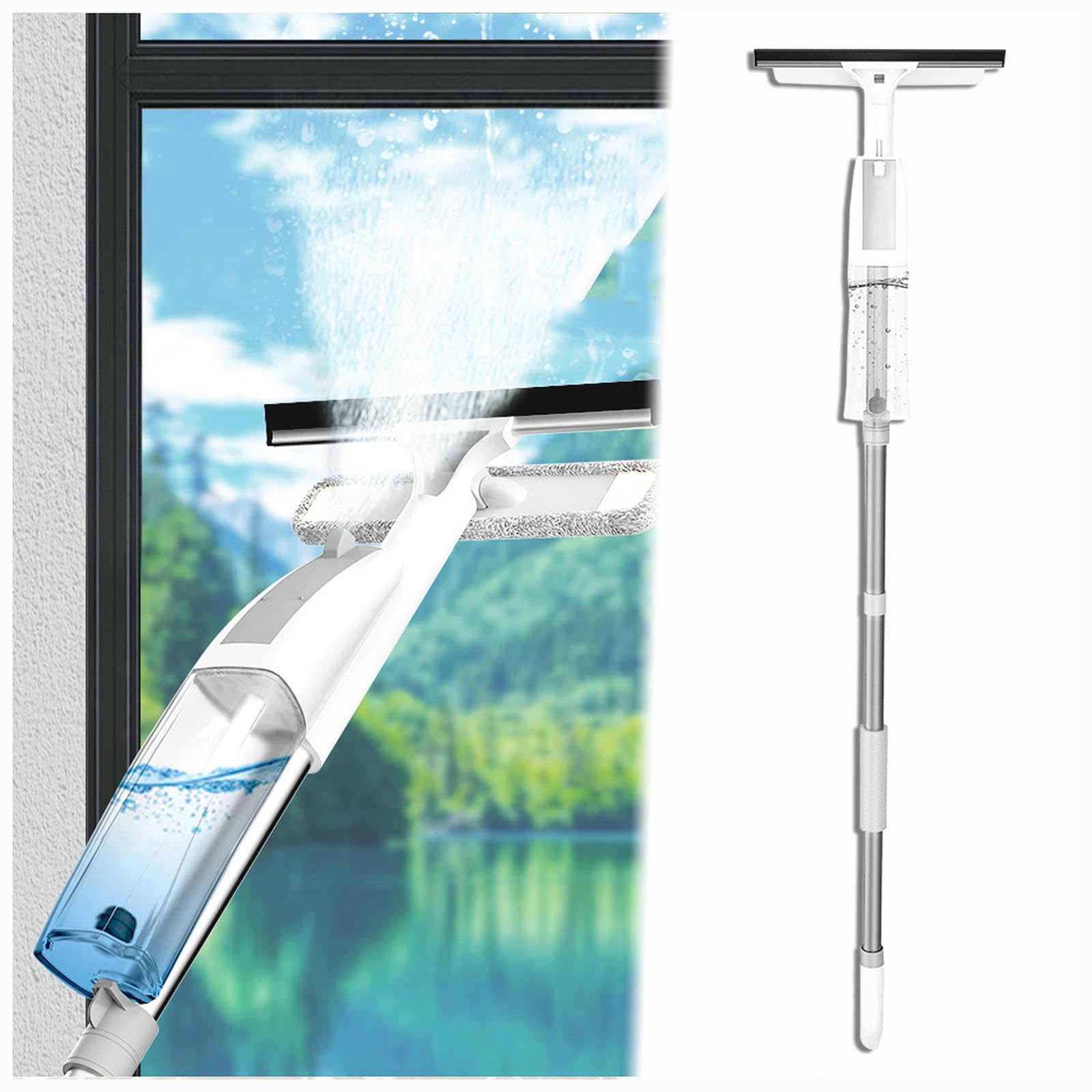 3 en 1 Spray Limpiador De Cristales con Poste Telescópico, Limpiador Cristales con 3 Paños Microfibra para Baños,Ventanas,Espejos