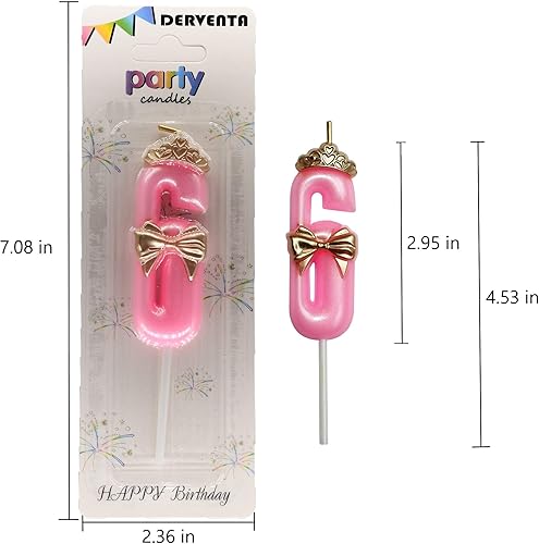 Miniatura 2 de DERVENTA Corona Bow - Vela de cumpleaños con números rosa de 2.95 pulgadas, decoración para pastel de Queen Girl, 1 pieza (rosa, número 6)