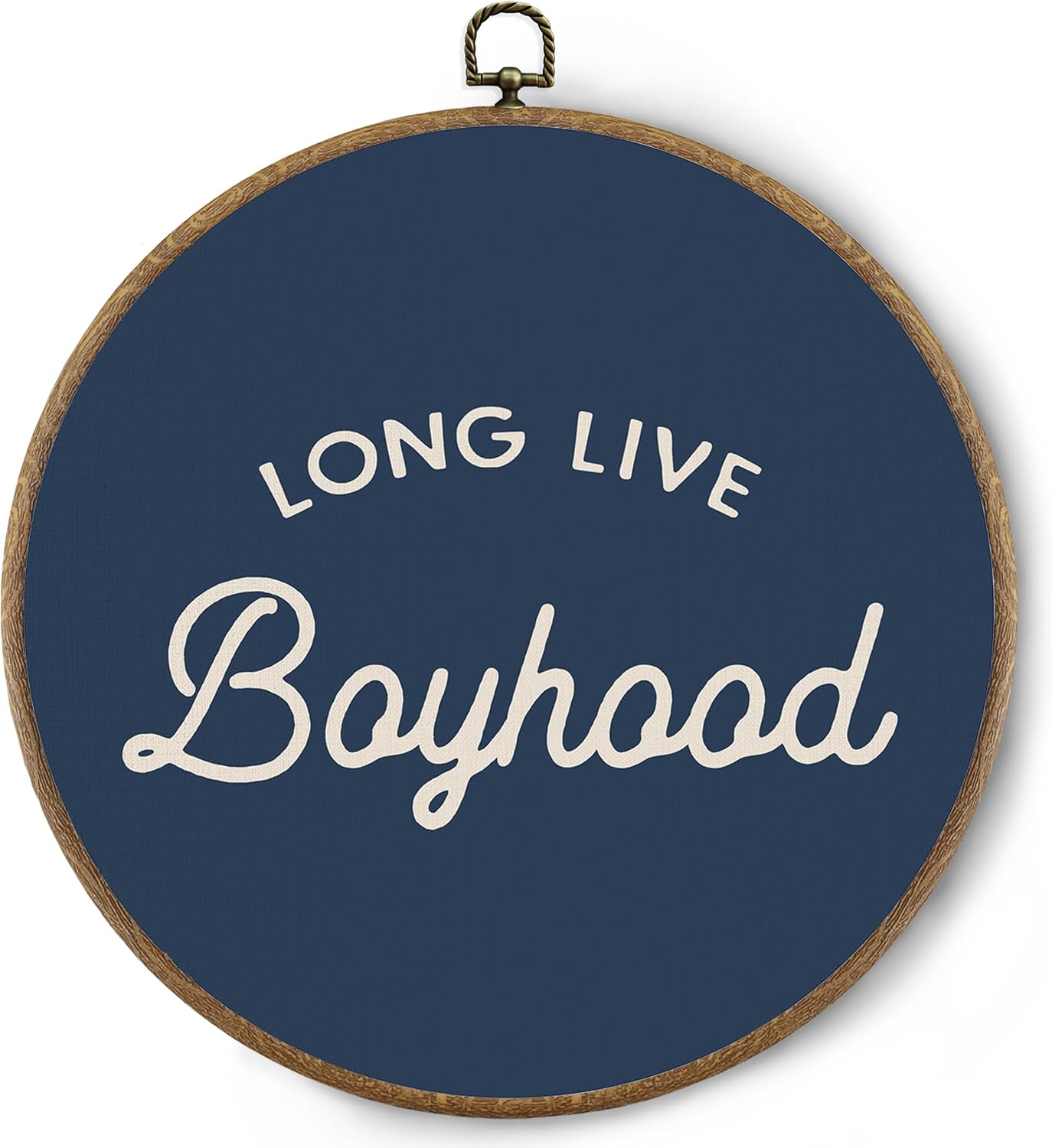 BitKAM Boy Nursery Round Wall Art Decor, Long Live Boyhood Canvas Prints Framed, Retro Navy Blue Wall Hanging Decorations for Kids Boys Nursery Bedroom Playroom, 10x10 Inch Wall Sculptures