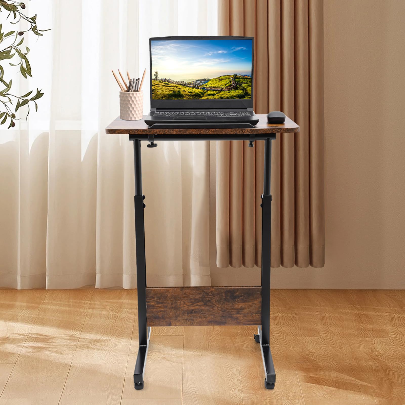 16 24 Iron-Brown Rolling Standing Desk Adjustable Height Portable Laptop Cart Mobile Computer Workstation with Lock Wheels Small — view 5
