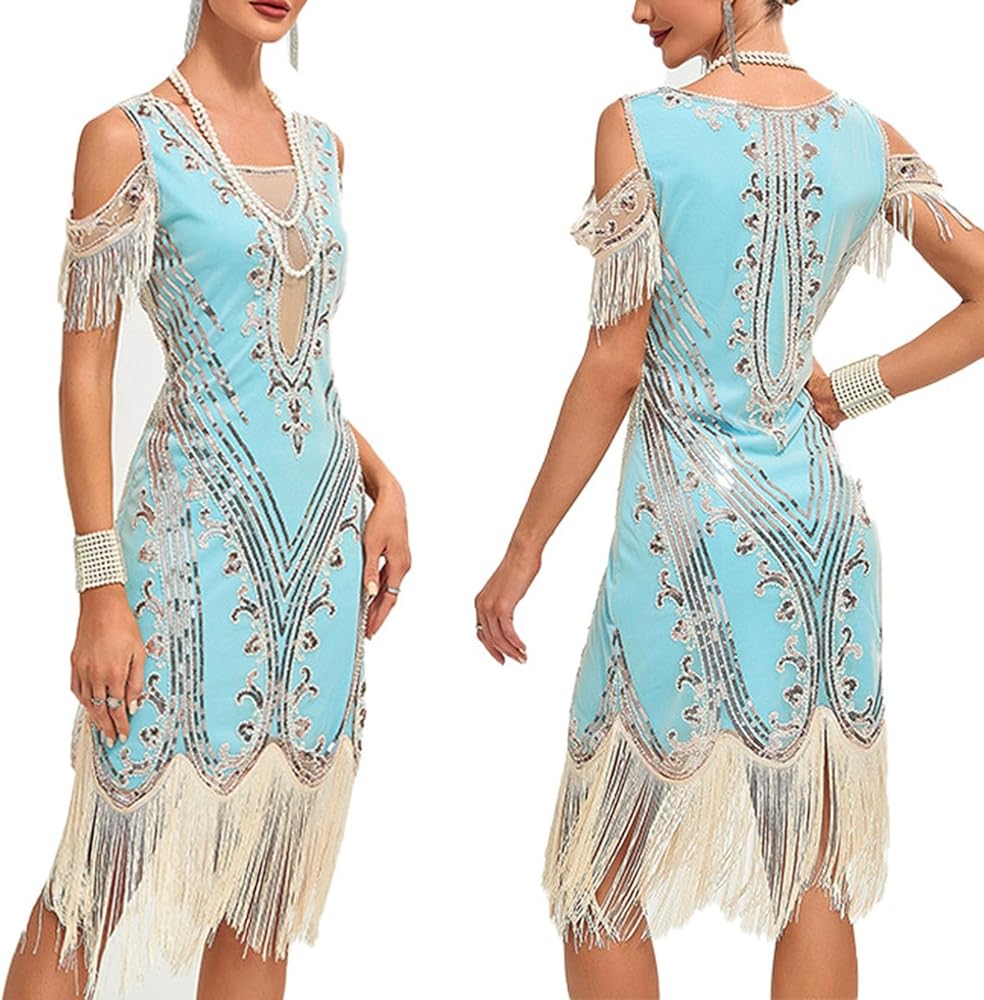 Women's 1920S Flapper Dress Roaring 20S Vintage Sequin Beaded Fringe Gatsby  Dress for Party V Neck Mesh Midi Dress, Blue, Medium : Amazon.ca: Clothing,  Shoes & Accessories
