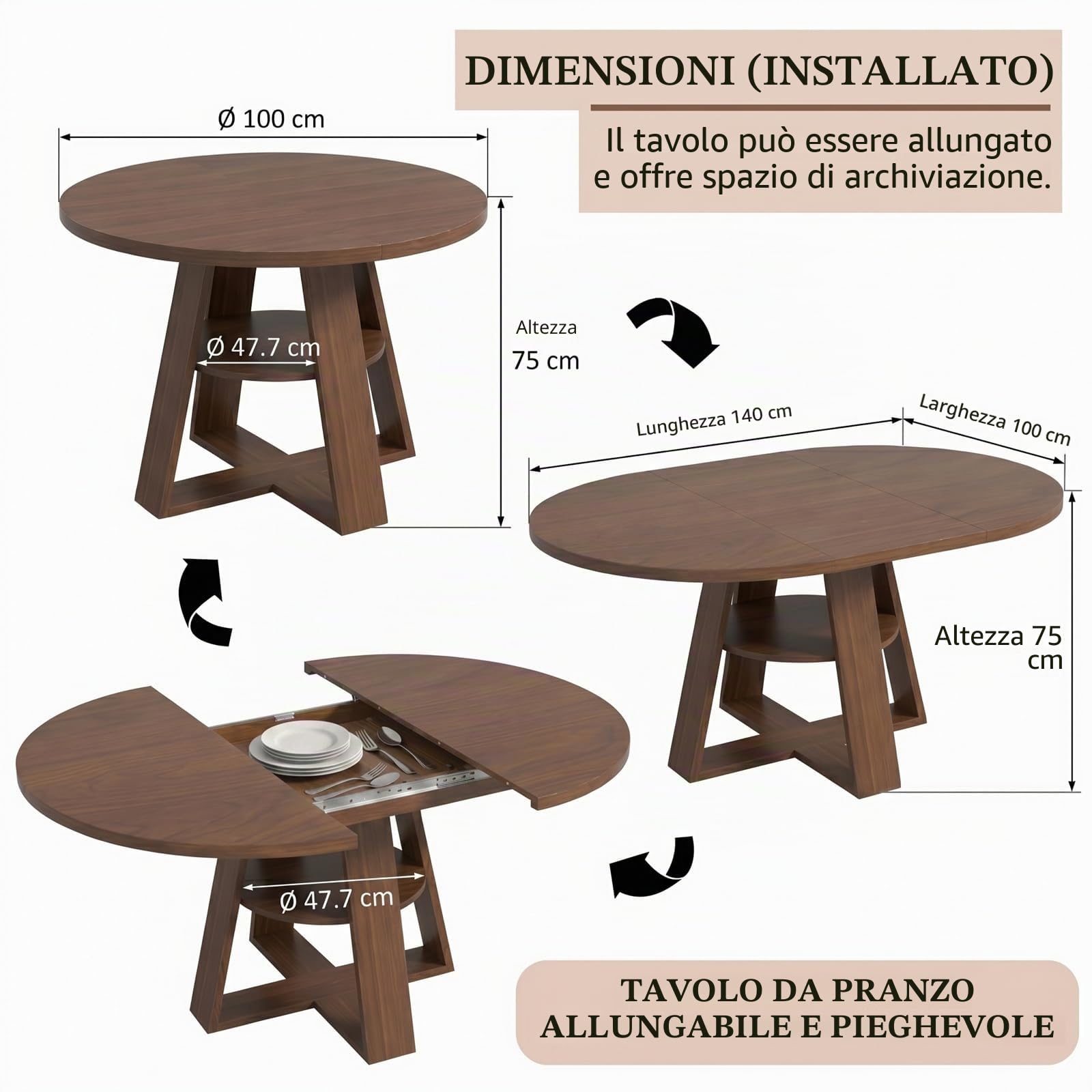 Tavolo da pranzo rotondo allungabile, tavolo da pranzo allungabile, bianco, 100-140 x 100 x 75 cm, tavolo da pranzo allungabile per 2-8 persone, tavolo da cucina con piano rimovibile