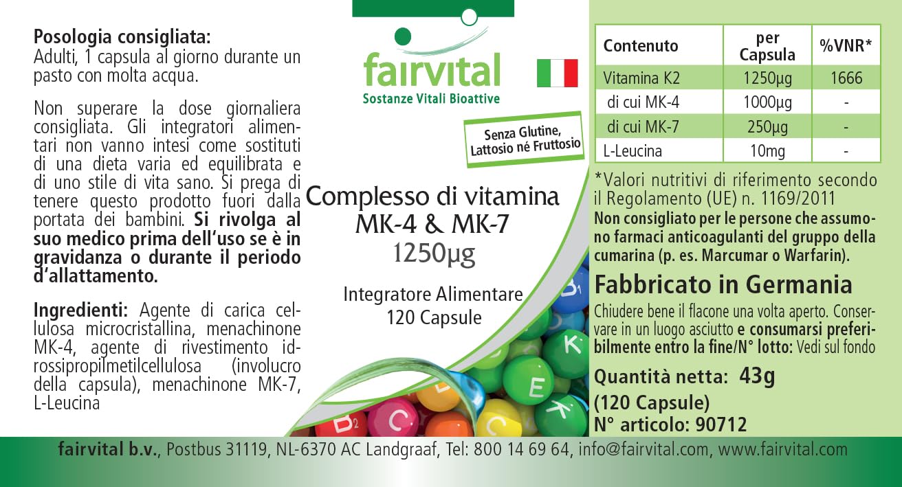 fairvital Complexe de vitamine K2 MK-4 & MK-7-1250 mcg de K2 par gélule, 120 gélules, faciles à avaler, HAUTEMENT DOSÉ, VÉGÉTALIEN, MK-7