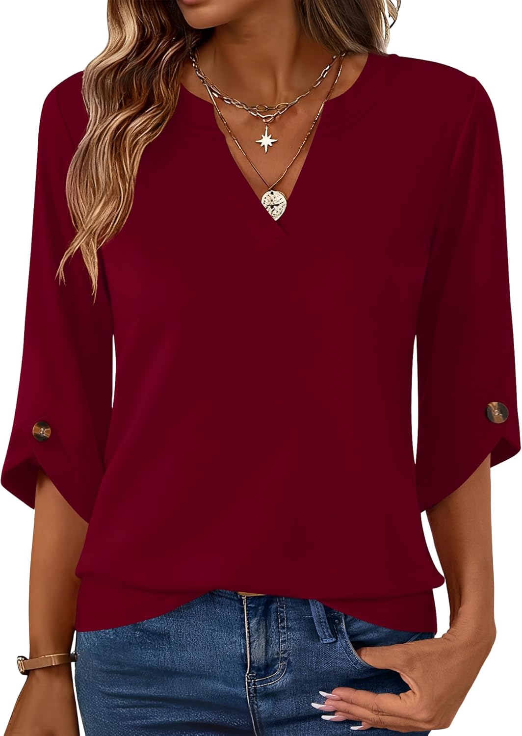 Kistore Womens 3/4 Length Sleeve Tunic Tops Casual V Neck Shirts Business Work Blouses Trendy Flowy Tees