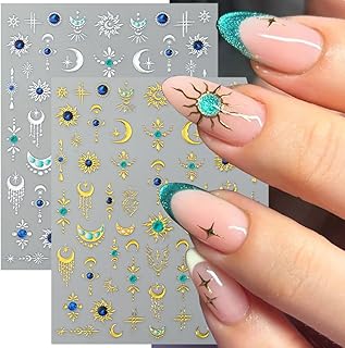 2 Sheets Embossed Sun Moon Nail Decals for Nail Art Bohemian Style Nail Stickers Gold Silver Sun Nail Art Stickers 5D Self-Adhesive Moon Star Nail Design Decals for Women DIY Nails Supplies