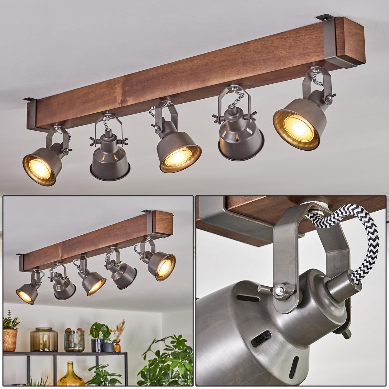 Plafonnier Pehefito de HOFSTEIN, à 5 ampoules en métal/bois gris/marron foncé, luminaire orientable au design industriel/rétro/vintage avec poutres en bois, GU10, salle à manger, salon, cuisine
