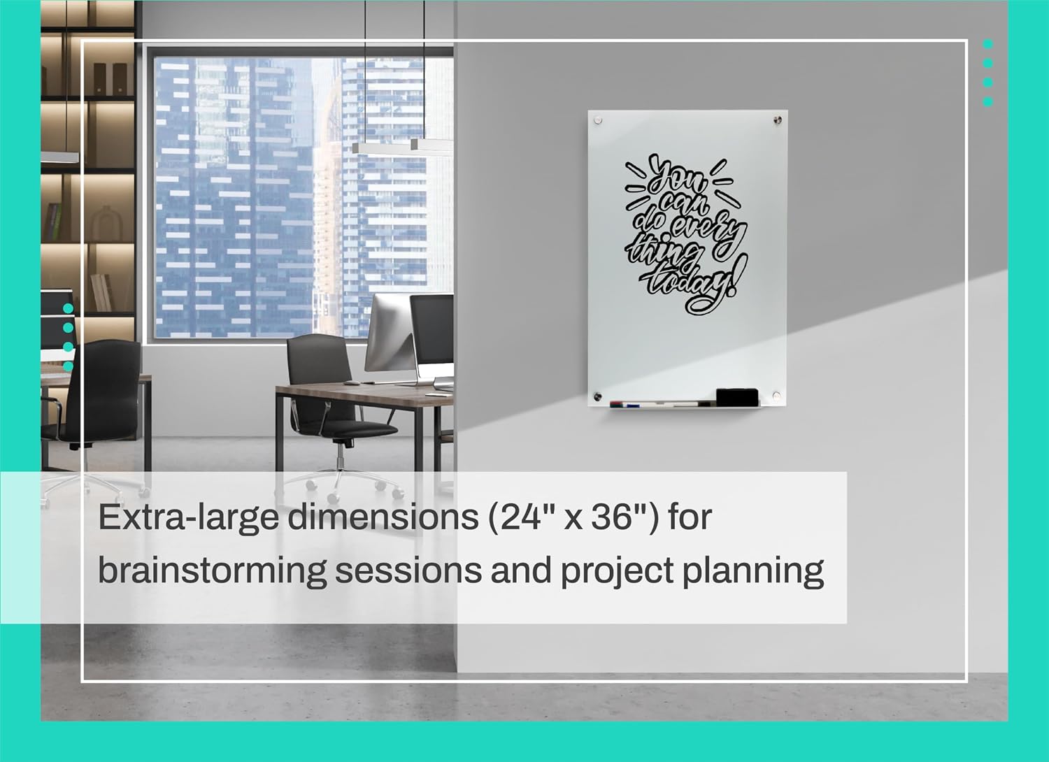 Real Glass Dry Erase Board, Extra Large Size 24" x 36", Bright White Tempered Glass Surface, Frameless Wall Mount, with 4 Assorted Color Markers and Eraser, by Better Office Products