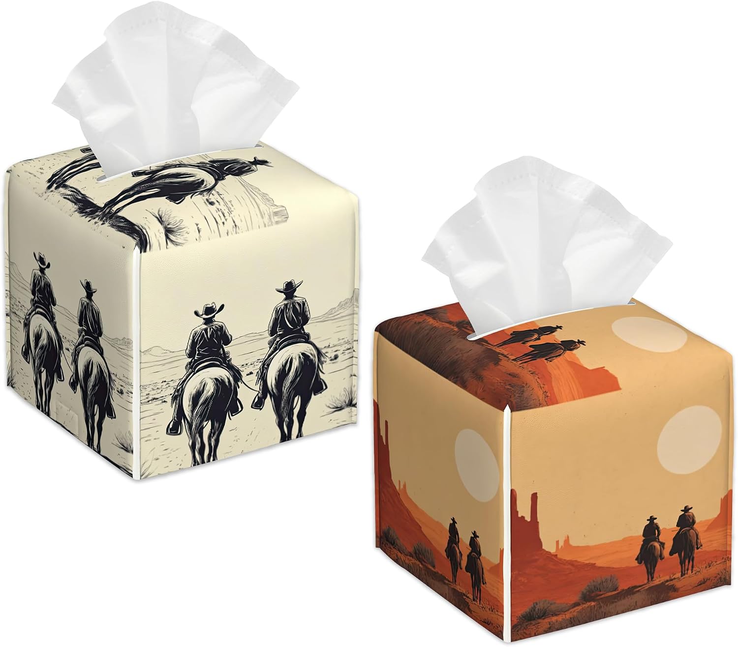 Sunset Western Cowboy Riding Tissue Box Cover Square Leather Napkin Holder Facial Paper Case Decorative Tissues Cover for Home Kitchen Dining Bathroom Office, 2 Pcs