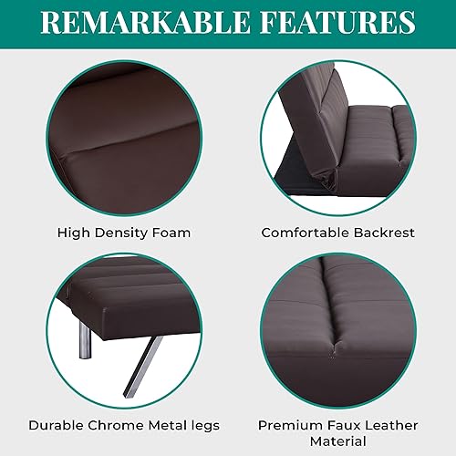Miniatura 3 de Naomi Home Sofá cama futón de piel sintética, moderno sofá plegable convertible con patas cromadas, mini, de cuero, pequeño, para dormitorio, sala