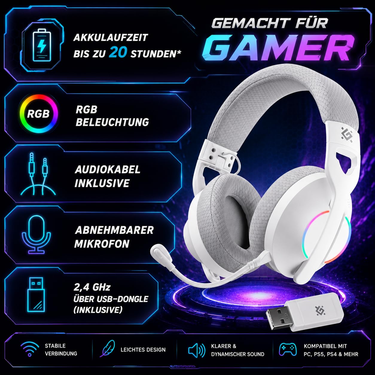 Defender® Weaver PRO Wireless Gaming Headset 40h Akkulaufzeit, 2.4GHz+BT(≤30ms), 7.1 SurroundSound,Kopfhörer Mit Mikrofon mit Noise-Cancelling, Kompatibel für PS5/PS4/Switch, PC Headset, Weiß