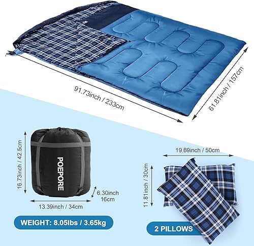 Vista 35 de Saco de dormir doble de franela para adultos con 2 almohadas, sacos de dormir para 2 personas, camping, XXL, tamaño Queen, saco de dormir para dos