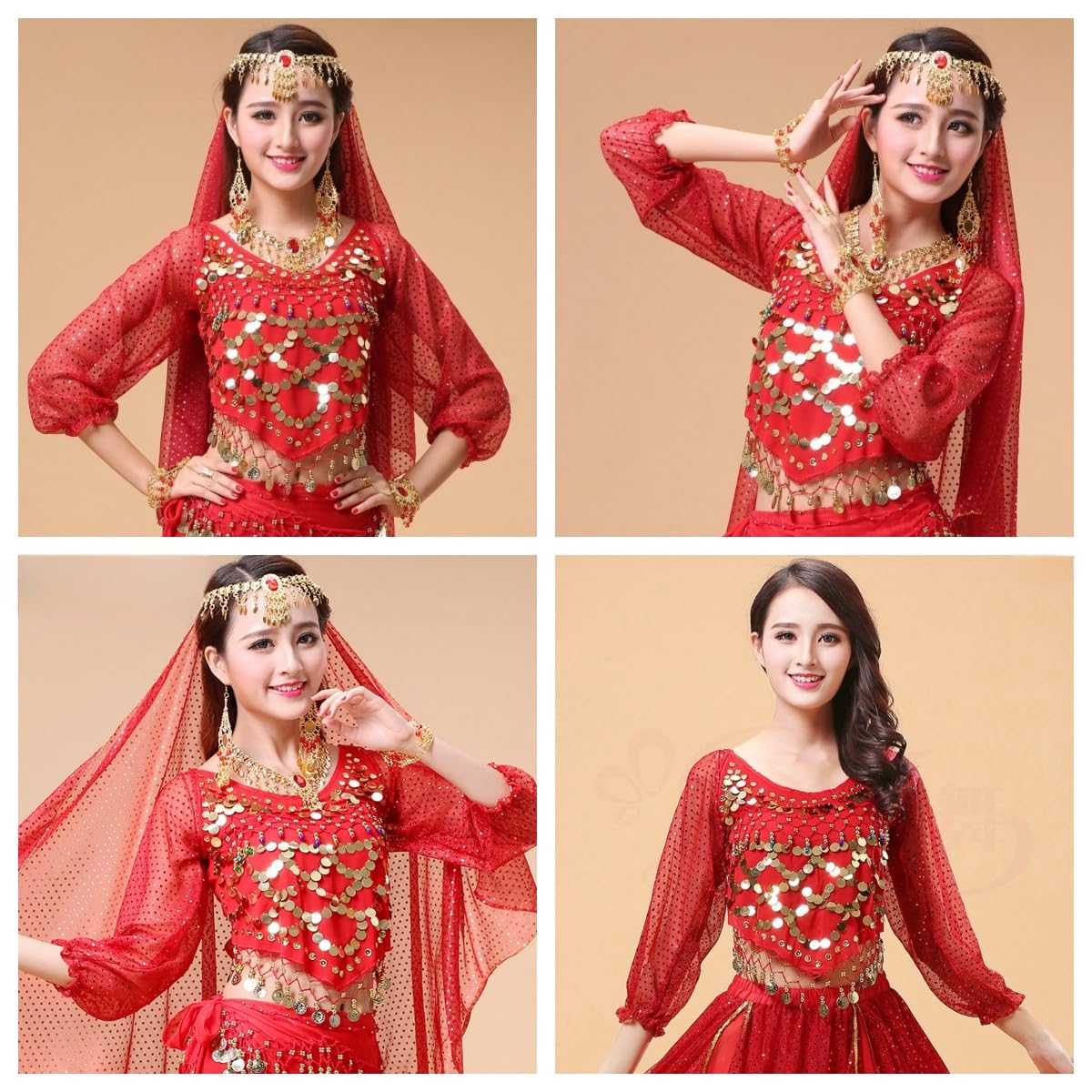 Camiseta de danza del vientre para mujer, manga larga abombada, de gasa, con lentejuelas, para danza del vientre, blusa con borlas y monedas con purpurina para festivales, club, camiseta corta tribal