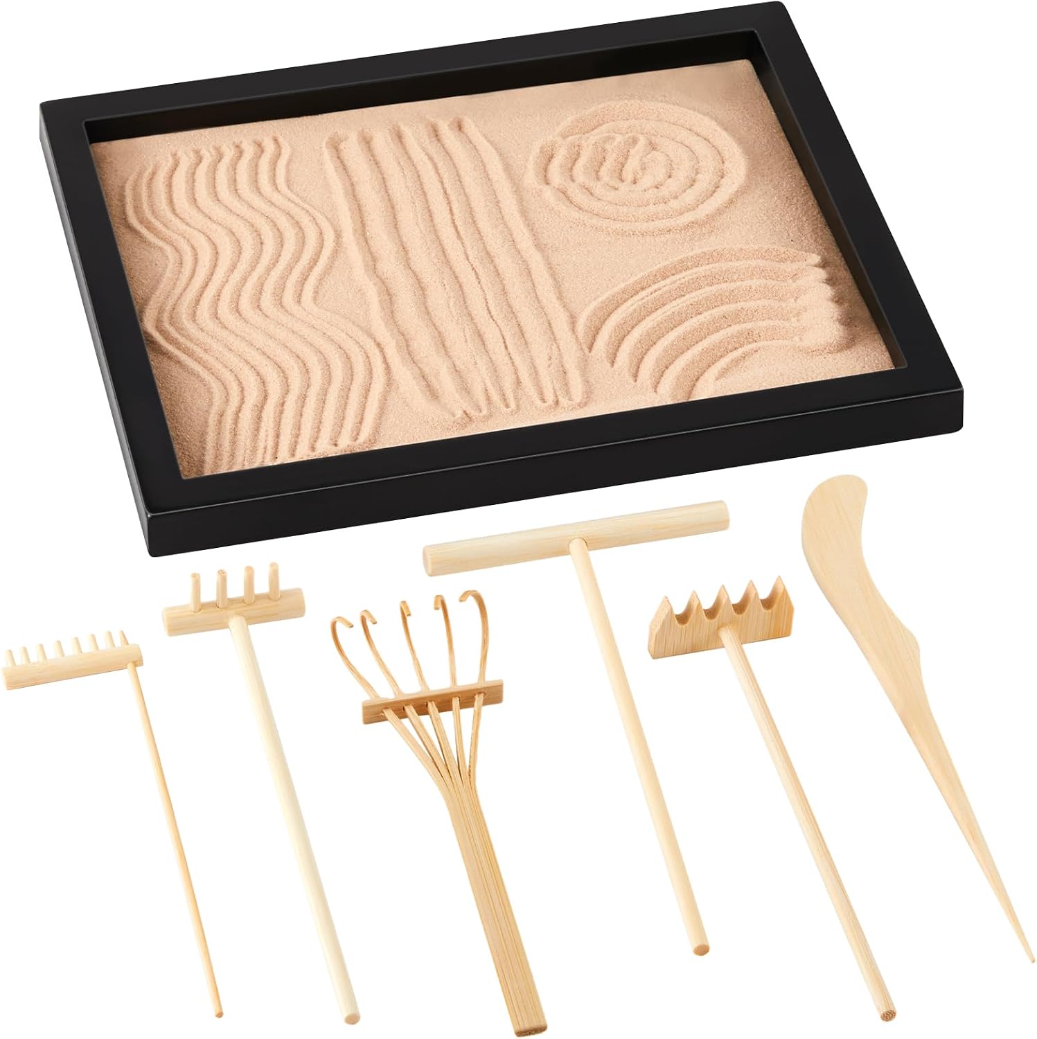 Soulchen 8 Pcs Mini Zen Garden Kit for Table Decor DIY Your Own Zen Garden 8.5" x 6.7" Japanese Sand Tray 6 Rake Tools Meditation Gifts Set for Home Office Tabletop Accessories Therapy Stress Relief