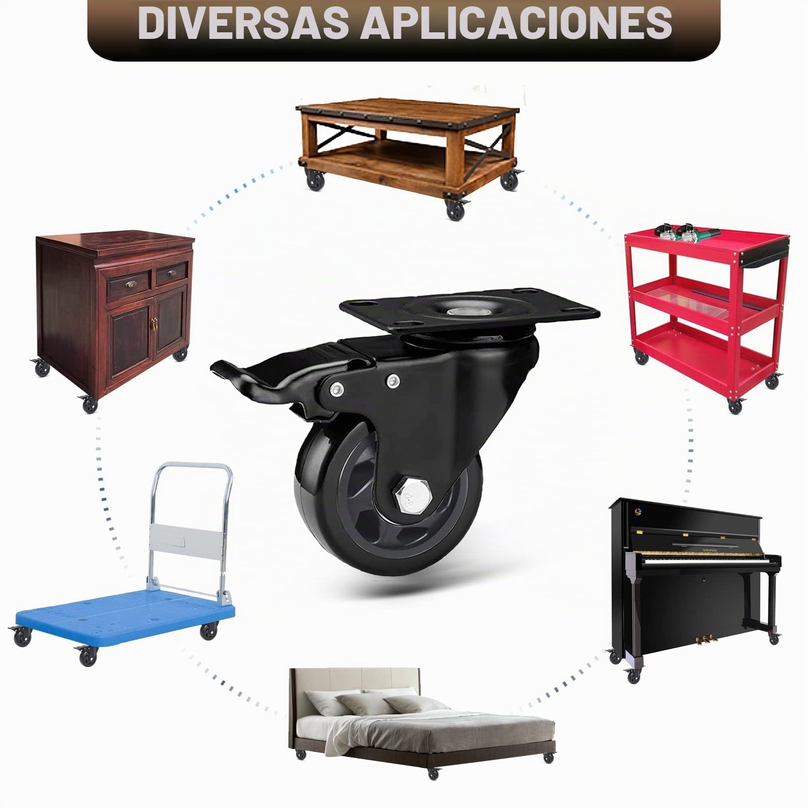 Ruedas Giratorias con Freno, Ruedas para Muebles de 75mm, Ruedas de Transporte para Muebles de 500 kg, Ruedas de Placa Industriales con Tornillos