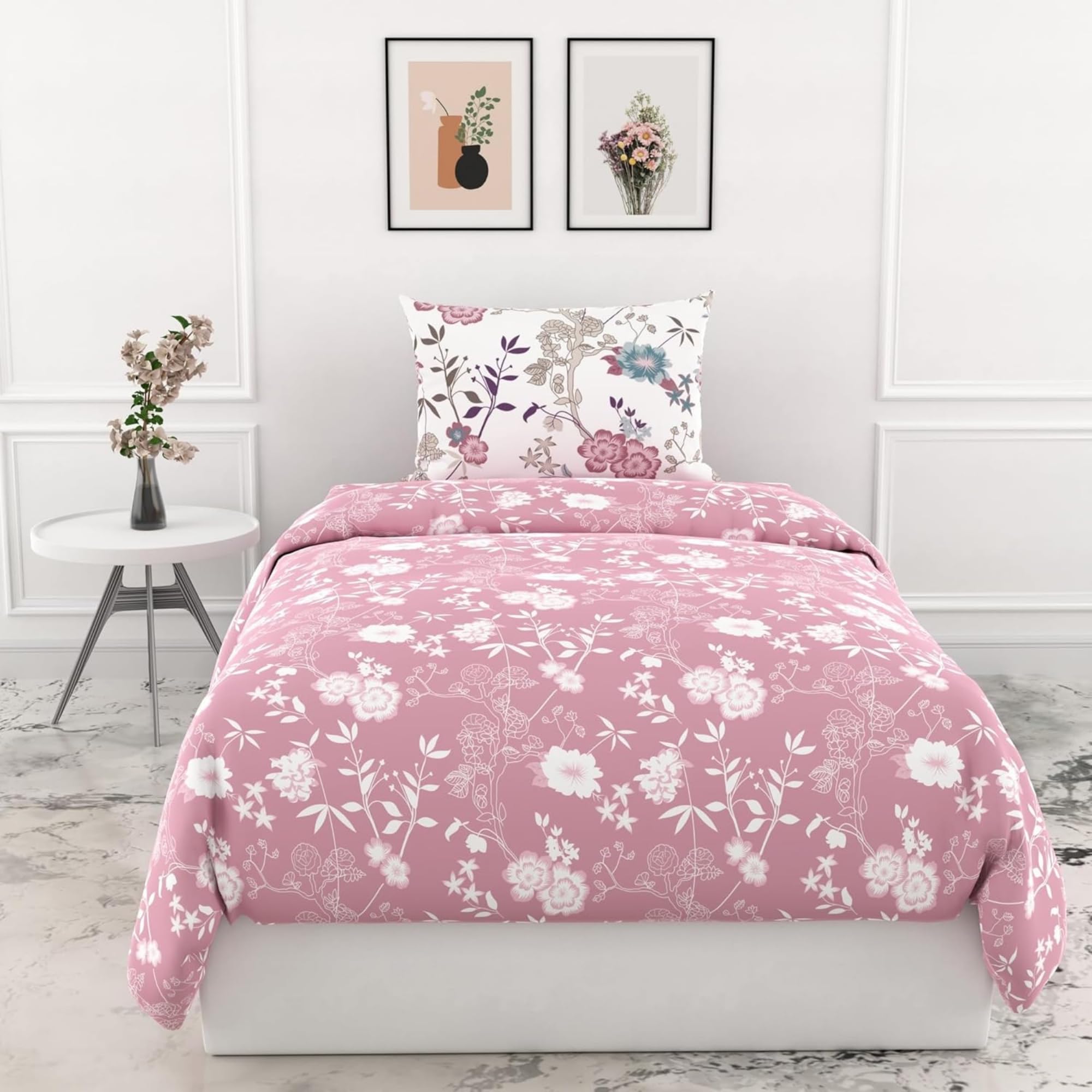 LORETO - A QUALITY LINEN BRAND 100% Pure Cotton Bedsheet for Single Bed, 144TC Soft & Breathable Single Bed Sheet with Pillow Cover (Soft Pink Florals, 54 x 84 Inches)
