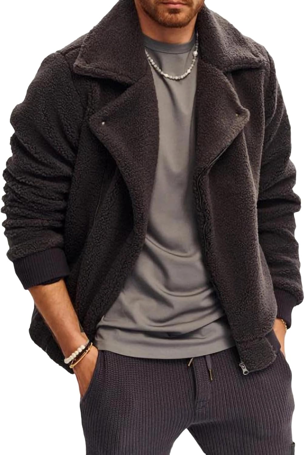 Mens Fuzzy Sherpa Jacket Fleece Long Sleeve Full Zip Up Coat Long Sleeve Lapel Jackets Fall Winter Warm Outwear