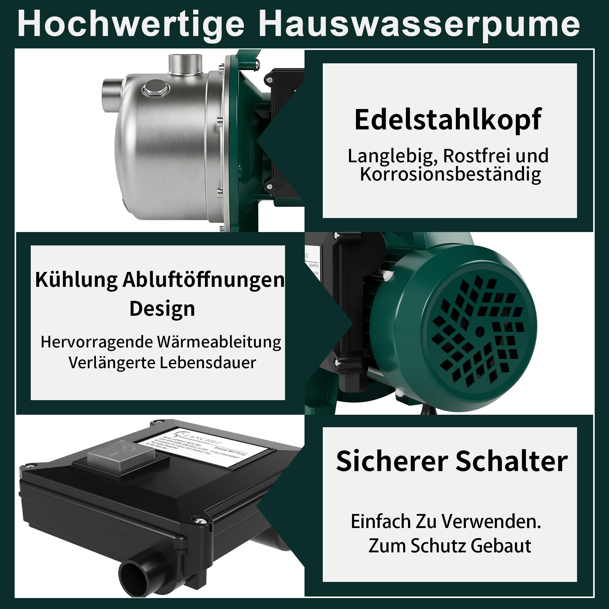 LANCHEZ Gartenpumpe 4200 l/h Fördermenge, Leistung 600 W, 38m Förderhöhe, Ansaughöhe bis zu 7 m, Wasserpumpe für Regenfässer, Zisternen, Gartenteiche