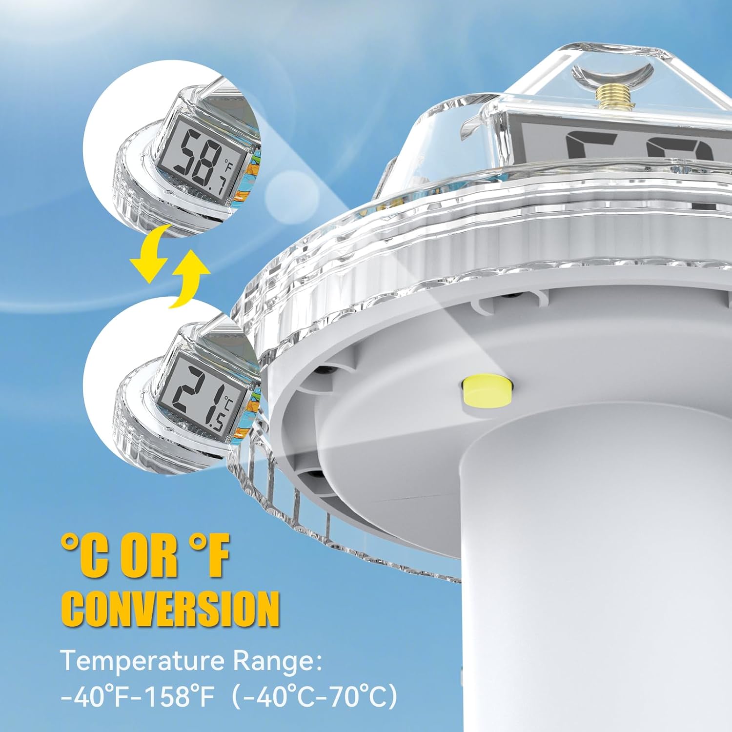 Celsius or Fahrenheit conversion button on the pool thermometer.