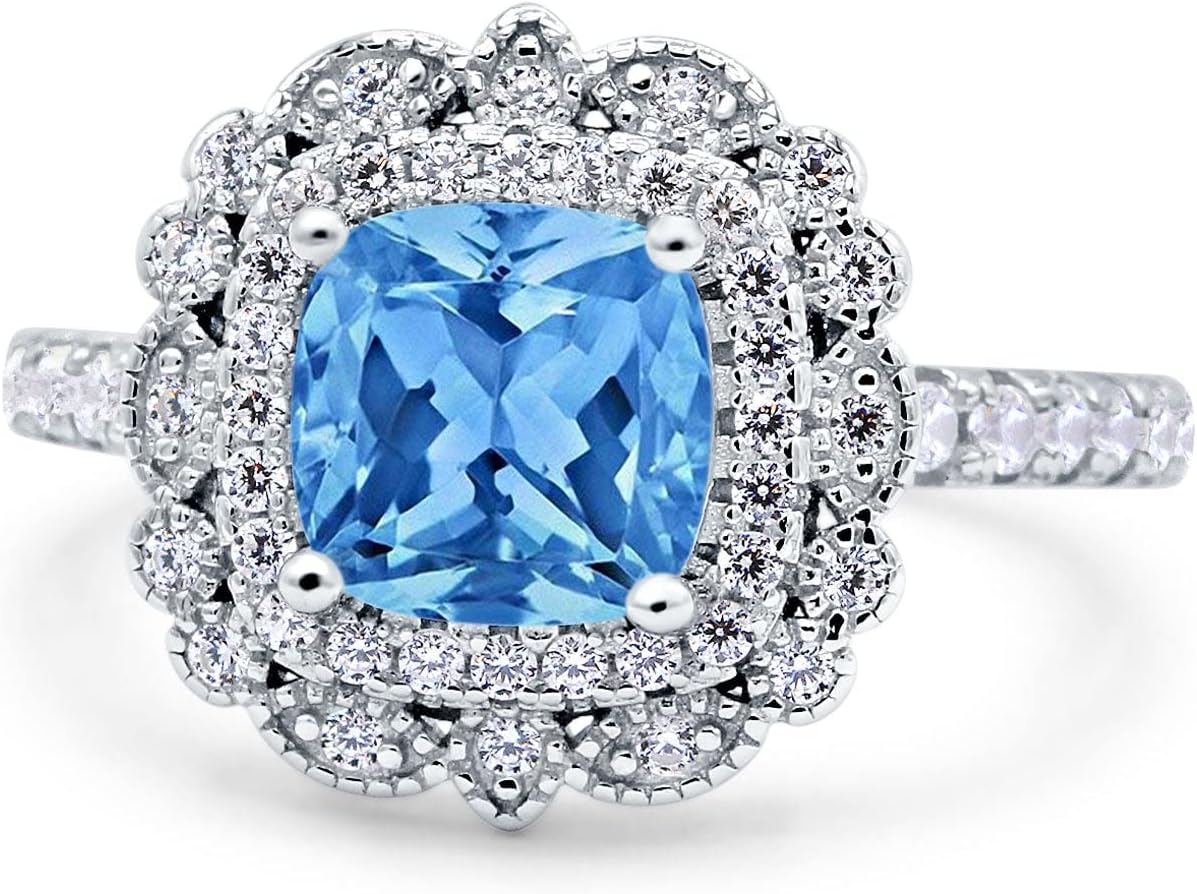 Blue Apple Co. Halo Vintage Style Art Deco Solitaire Accent Cushion Wedding Engagement Ring Round Simulated Cubic Zirconia 925 Sterling Silver