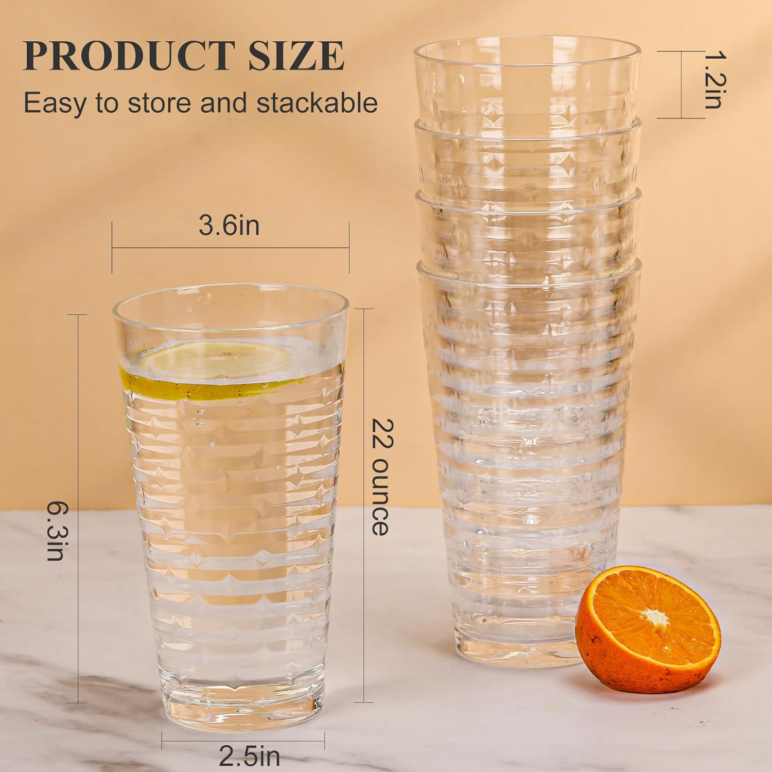 Acrylic Clear Highball Plastic Cups | Plastic Reusable Tumblers 22oz (Set of 6) | Stackable | BPA-free Tumblers | Shatterproof | Top-rack Dishwasher Safe