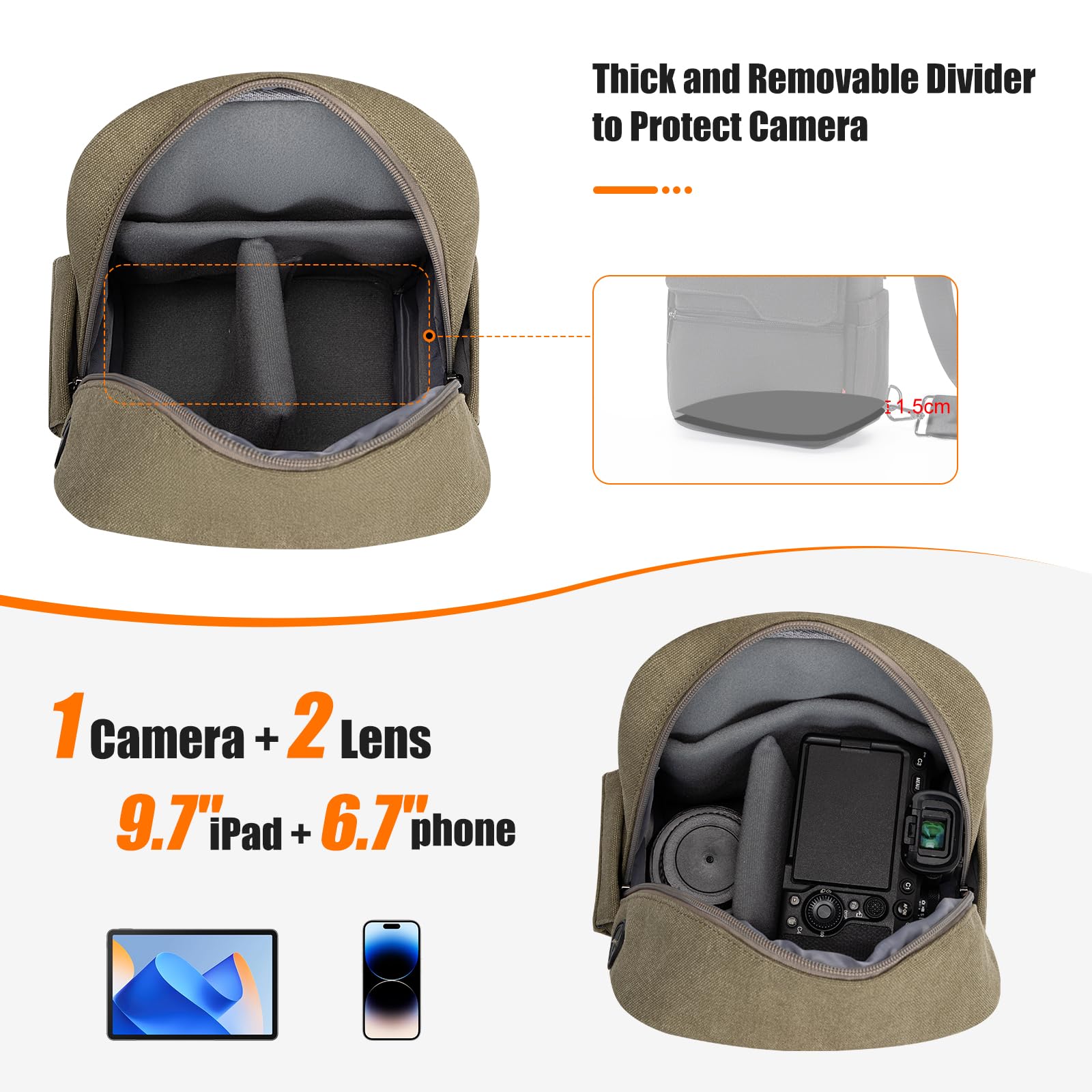 Cwatcun Borsa a tracolla per fotocamera compatta, in tela, impermeabile, borsa da viaggio per fotocamere Canon, Nikon, Sony, Fuji DSLR/SLR/Mirrorless, obiettivi e accessori