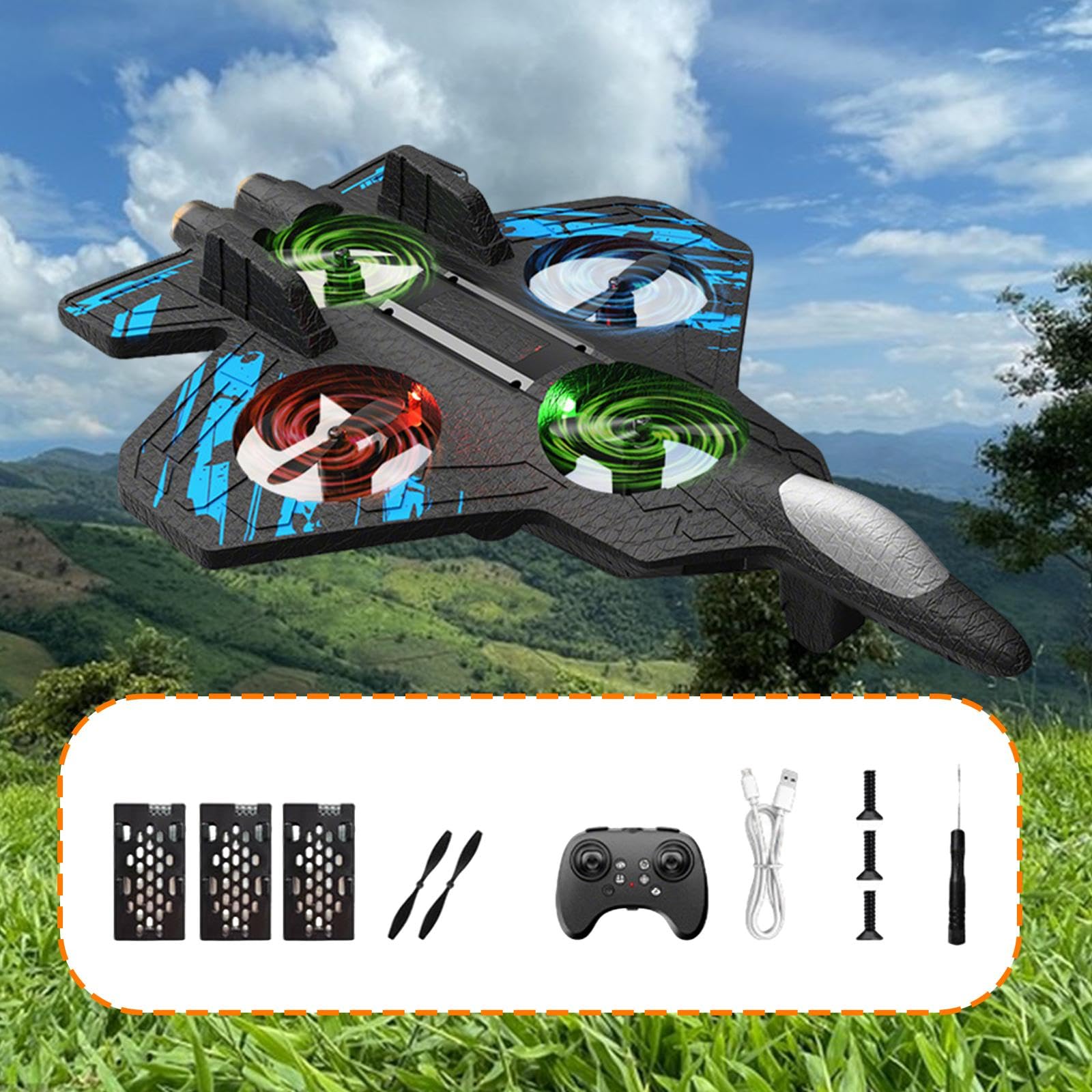 Avion Télécommandé de Chasse en Mousse avec Lumière Flip 360 Degrés, Bleu
