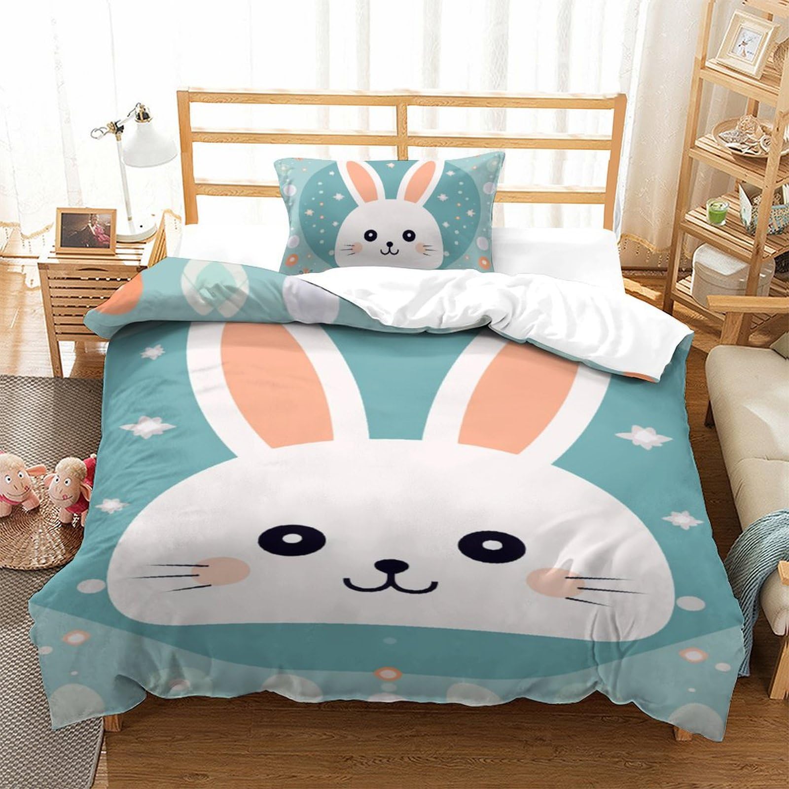 Housse de couette lapin 3D 135x200cm avec taie parure de lit microfbre