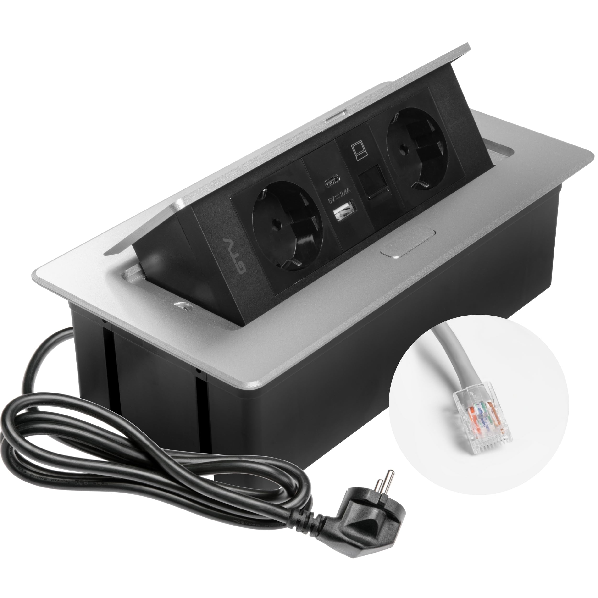 GTV – Presa da incasso MULTISOFT alluminio con 2 x Schuko, USB A+C, RJ45, retrattile con copertura, cavo da 1,5 m, ideale per scrivania, tavolo da conferenza o piano di lavoro della cucina