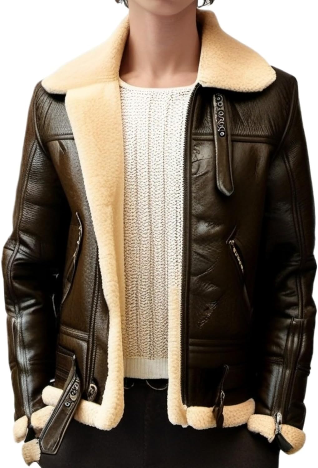 Mens Lapel Faux Fur Collar Thicken Bomber Overcoat Vintage Thicken Fuzzy Leather Jacket Winter Warm Coat